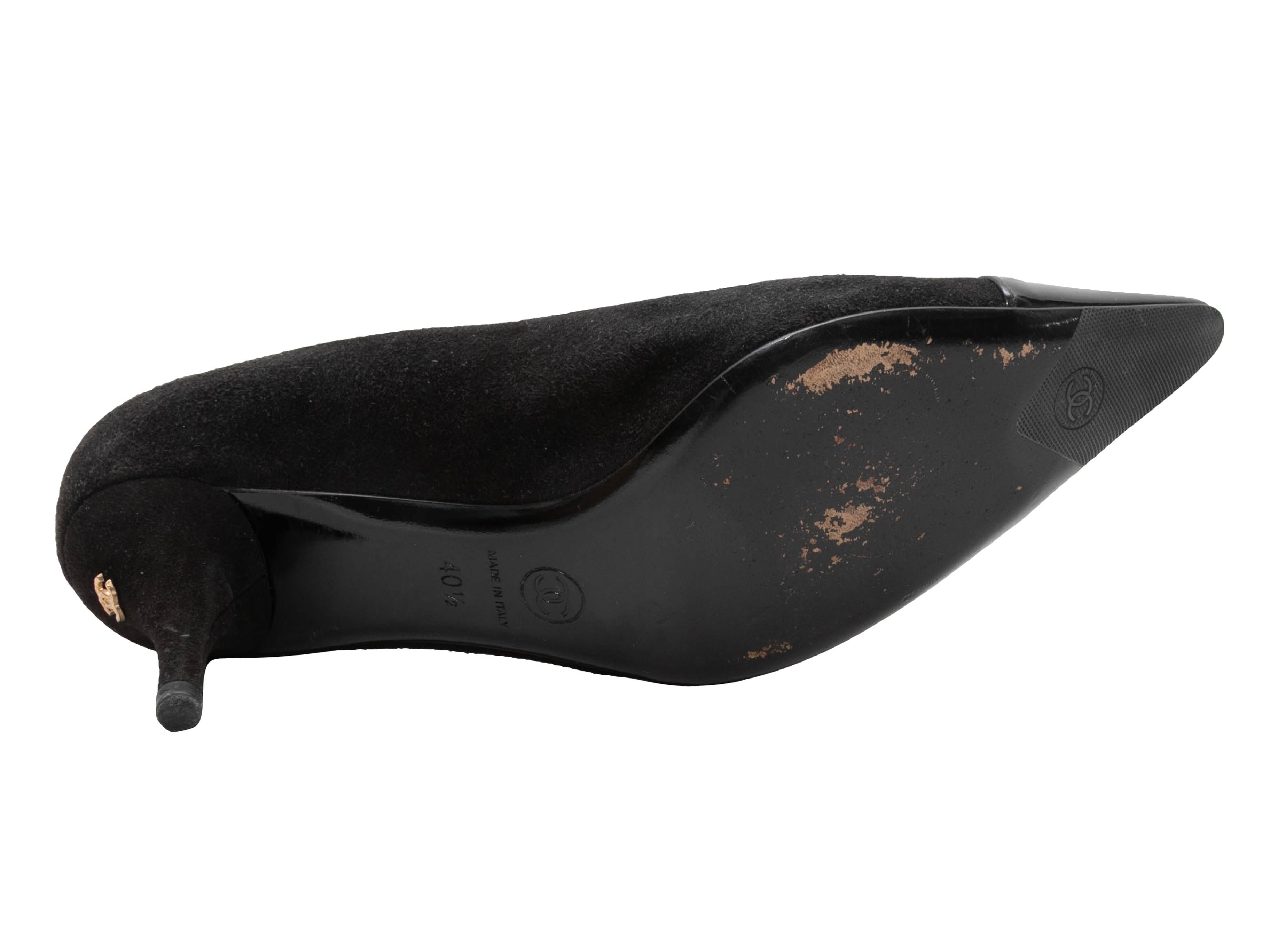 Vintage black suede and patent leather pointed cap-toe pumps by Chanel. 2.5
