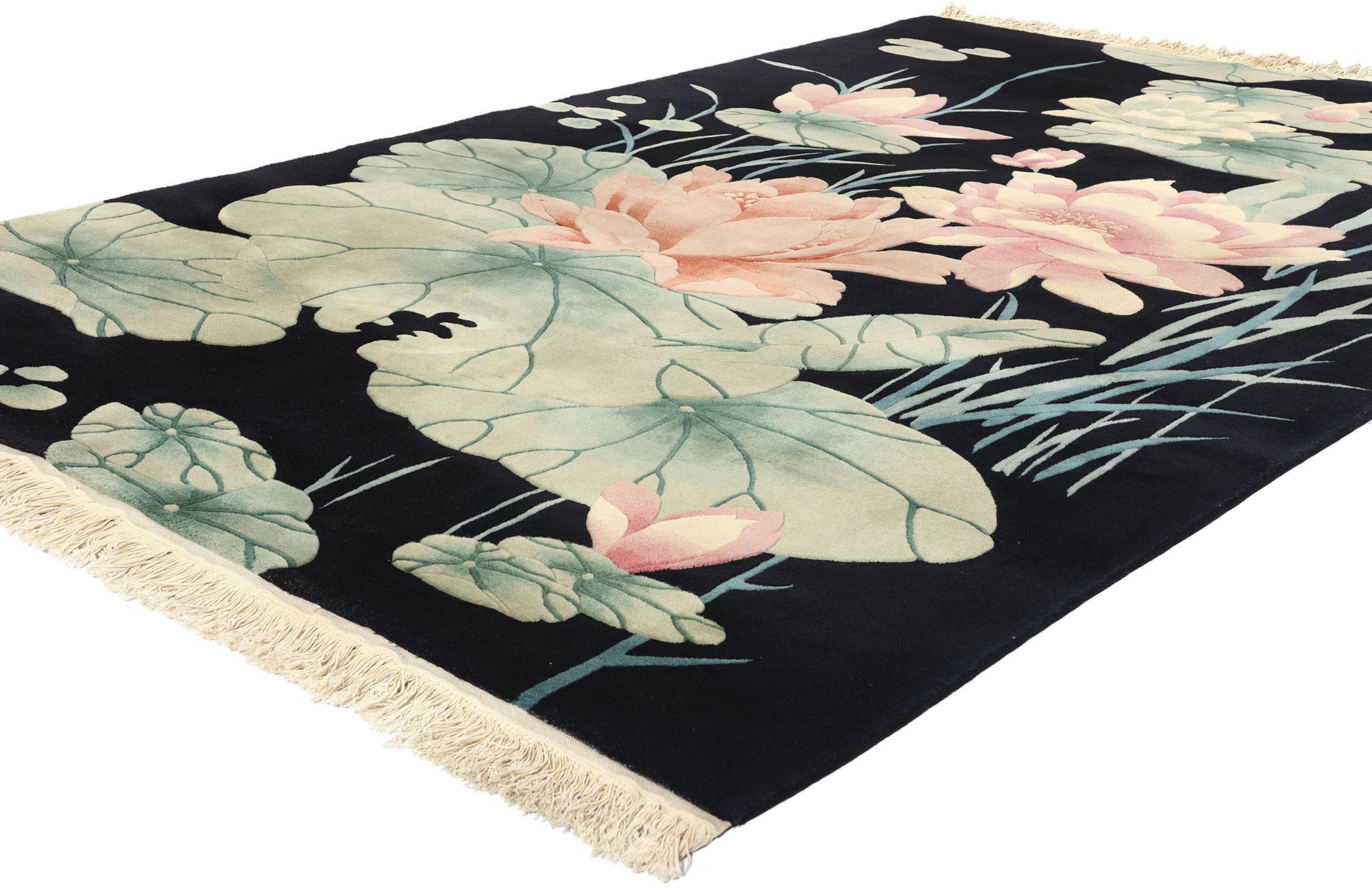 78837 Vintage Black Chinese Art Deco Pictorial Rug, 05'09 x 09'00. This exquisite hand knotted wool Chinese Art Deco pictorial rug features a serene and captivating scene of pink lotus and water lilies gracefully floating in a pond, set against a