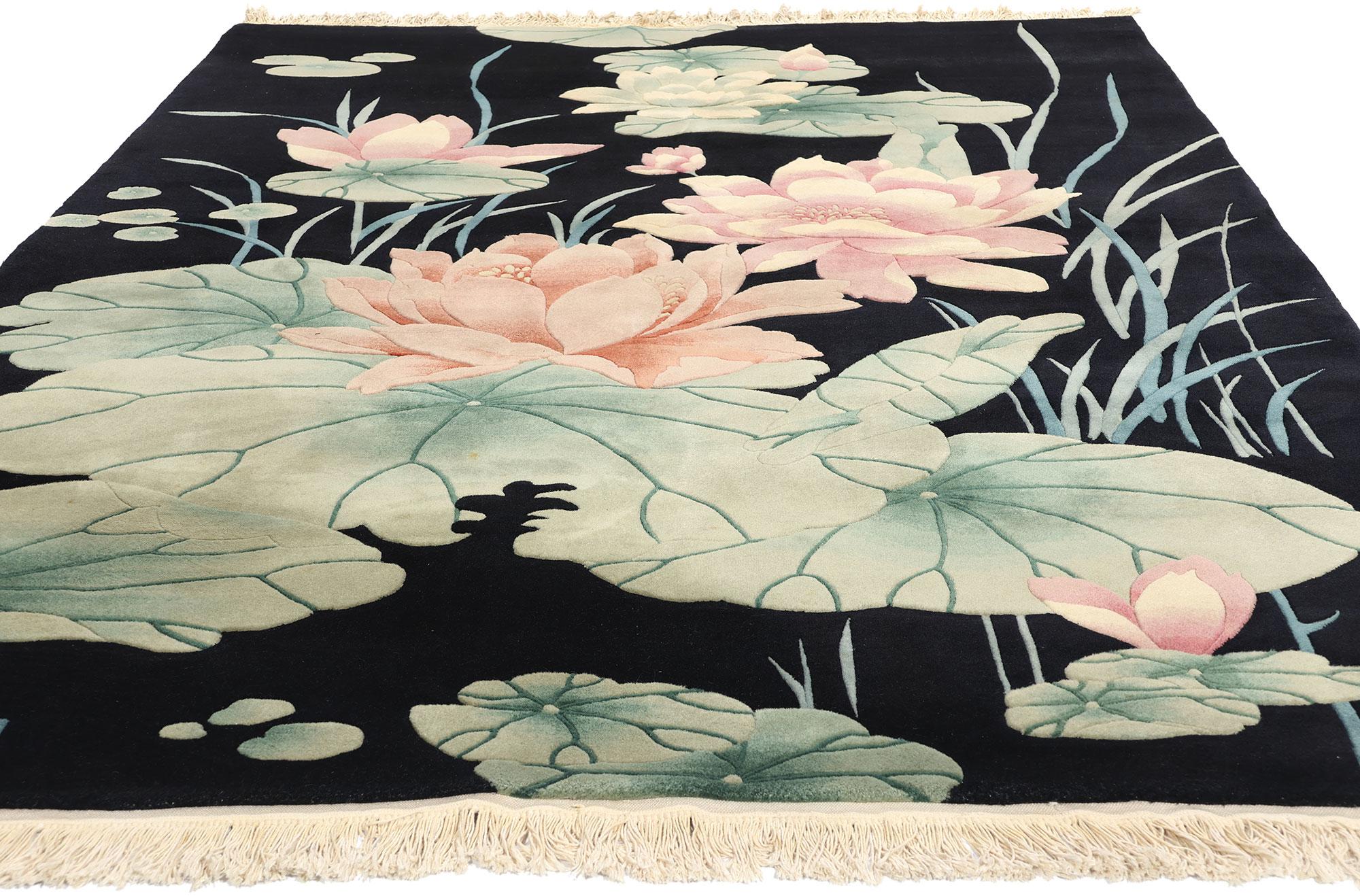Hand-Knotted Vintage Black Chinese Art Deco Rug, Maximalist Style Meets Sensual Decadence