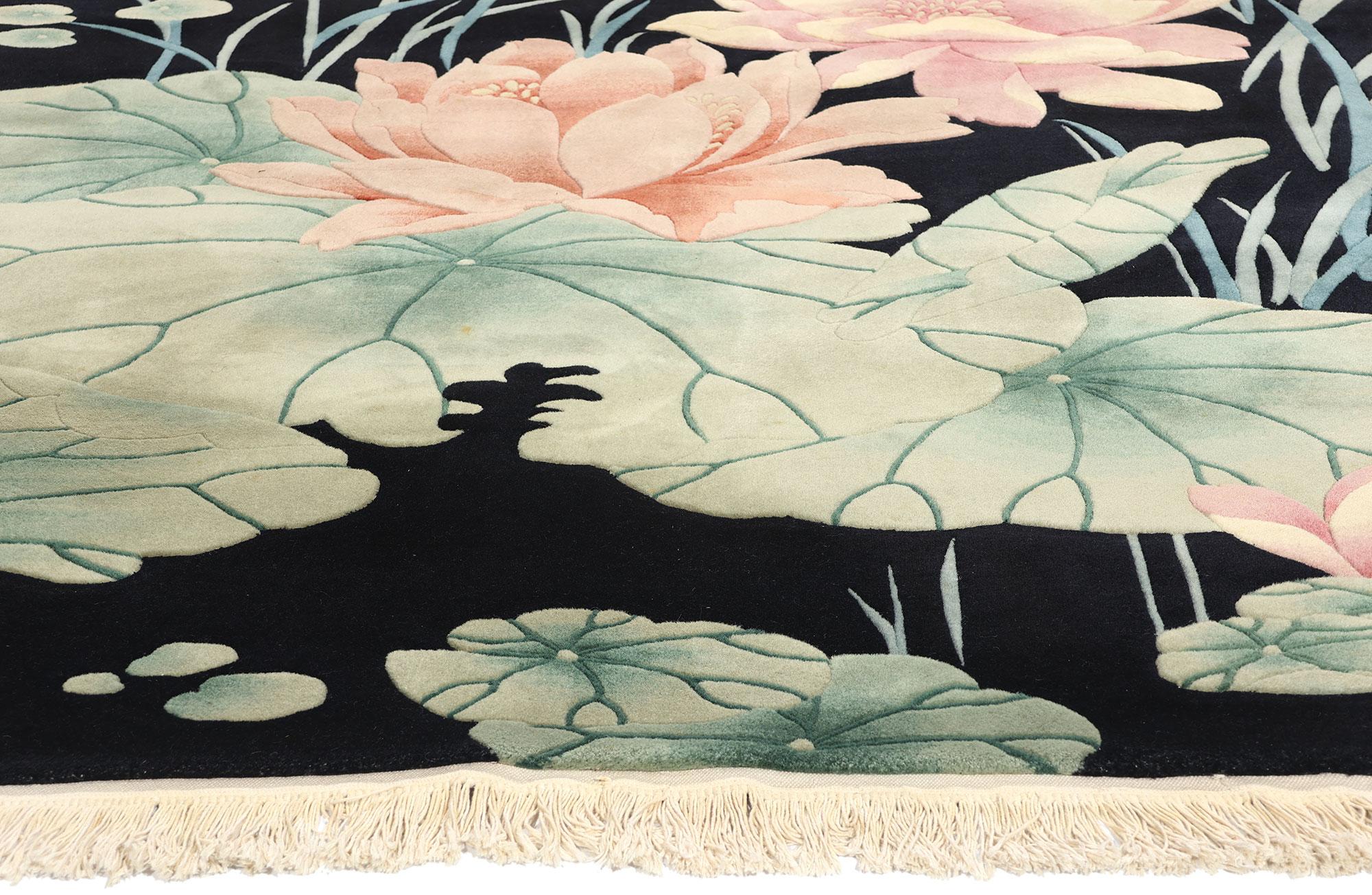 Vintage Black Chinese Art Deco Rug, Maximalist Style Meets Sensual Decadence In Good Condition In Dallas, TX
