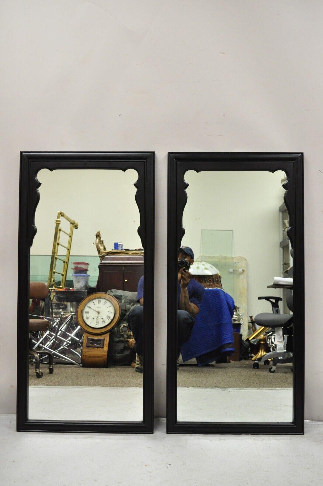 Vintage Black Chinoiserie Chinese Style Carved Wood Frame Wall Mirrors - a Pair 4