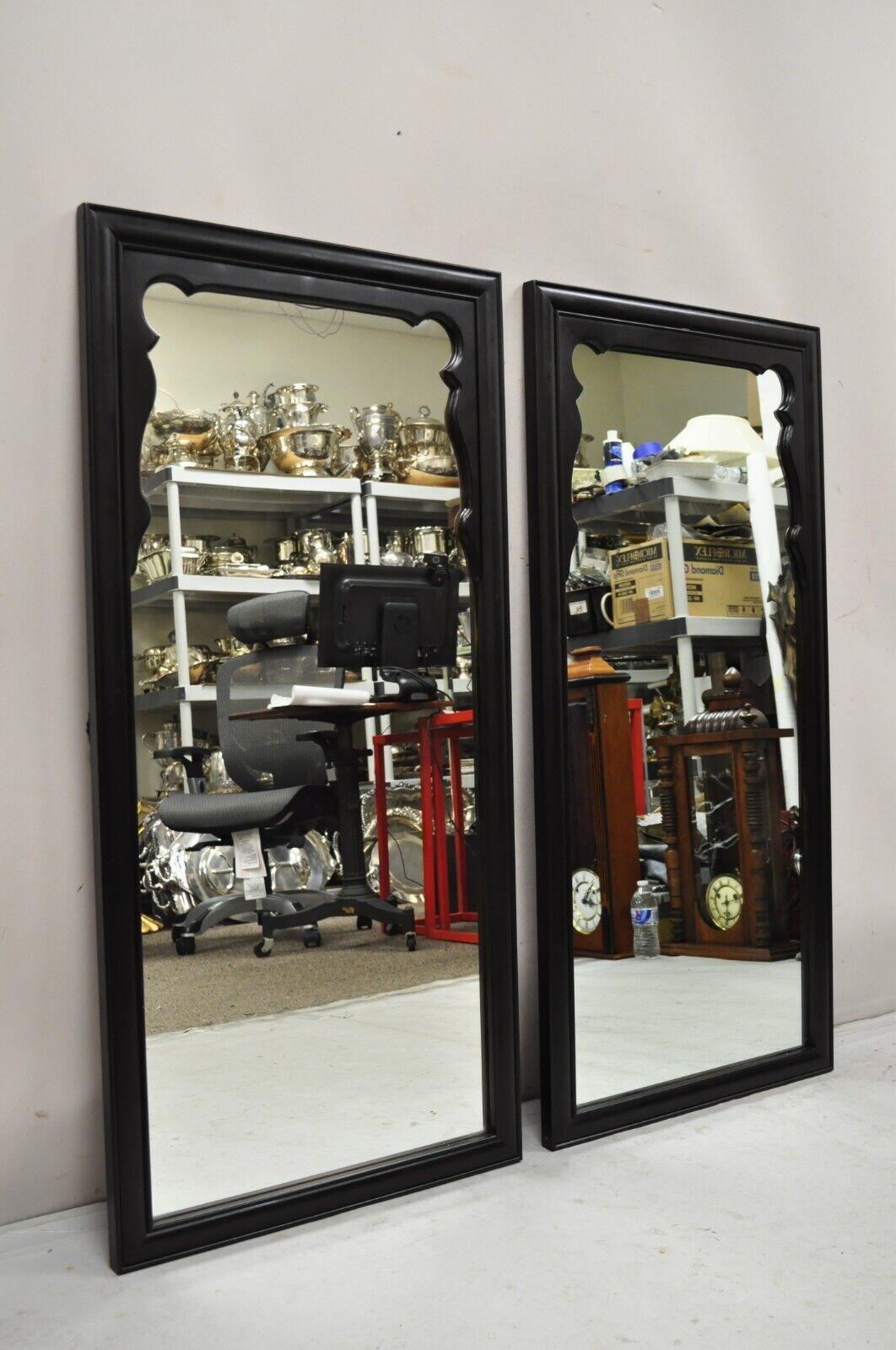Vintage Black Chinoiserie Chinese Style Carved Wood Frame Wall Mirrors - a Pair 5