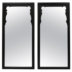 Vintage Black Chinoiserie Chinese Style Carved Wood Frame Wall Mirrors - a Pair
