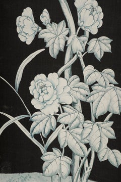 Vintage Black Chinoiserie Silk Painted Four Panel Screen