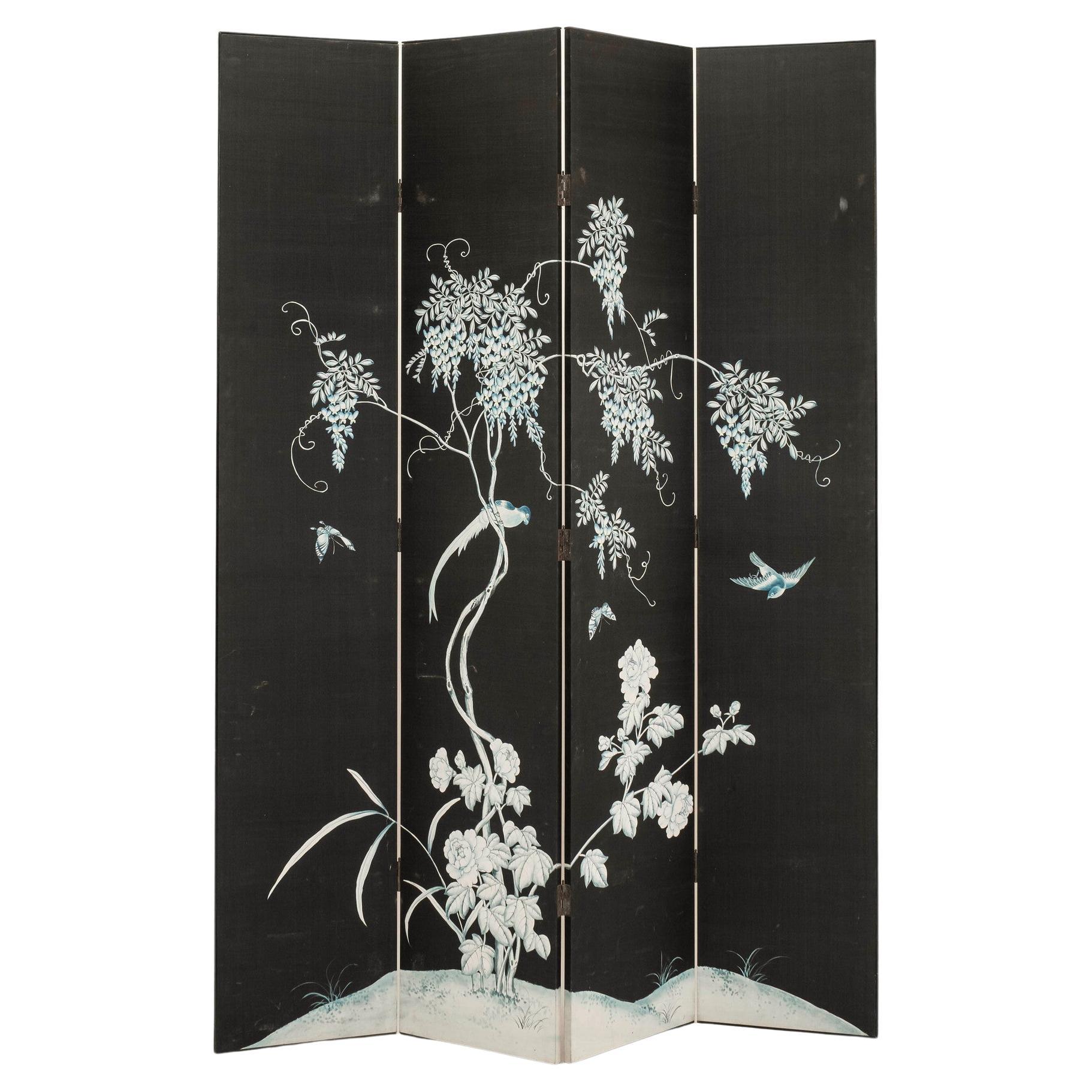 Vintage Black Chinoiserie Silk Painted Four Panel Screen