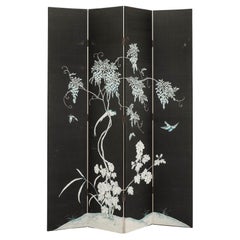 Vintage Black Chinoiserie Silk Painted Four Panel Screen