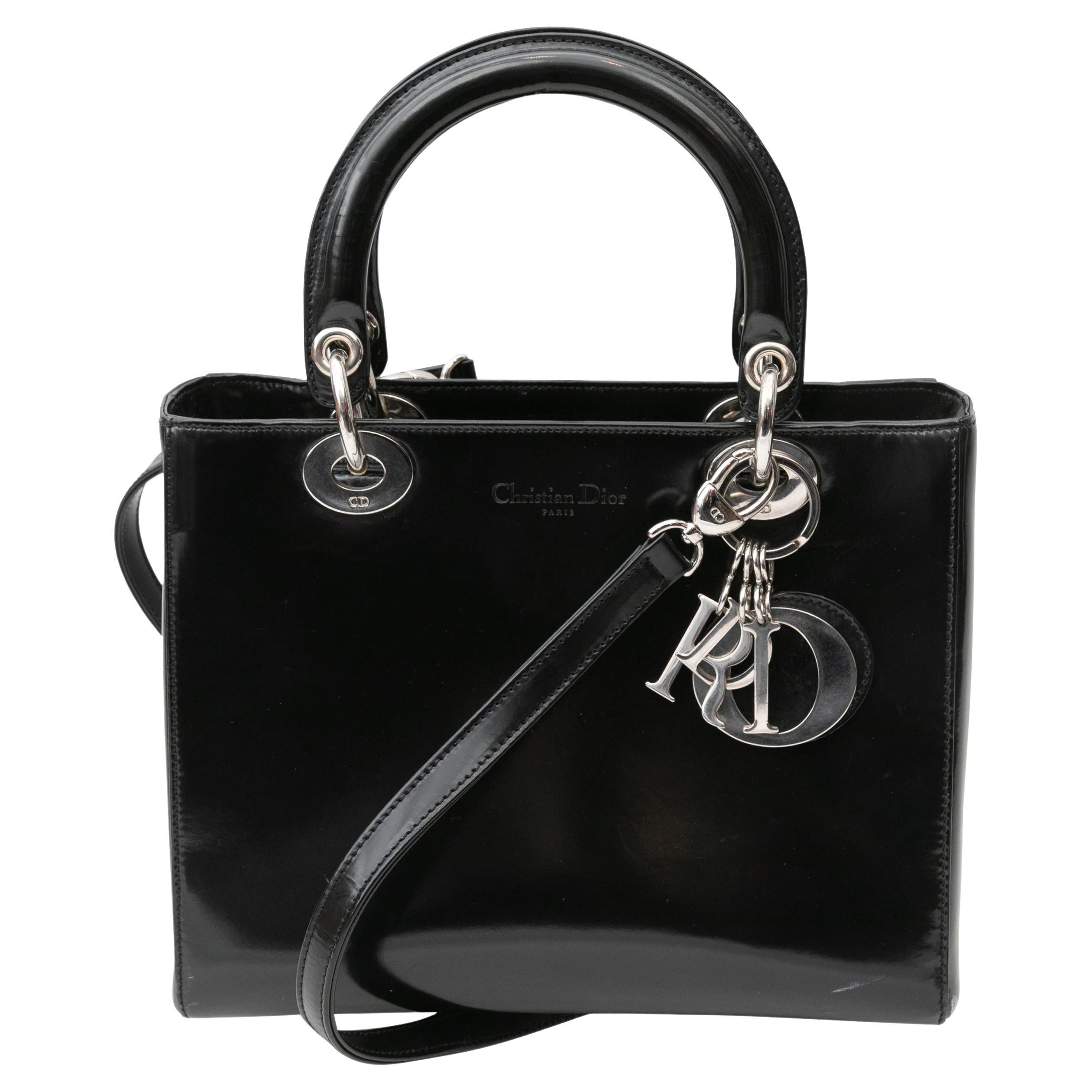 Vintage Black Christian Dior Medium Patent Lady Dior Bag For Sale
