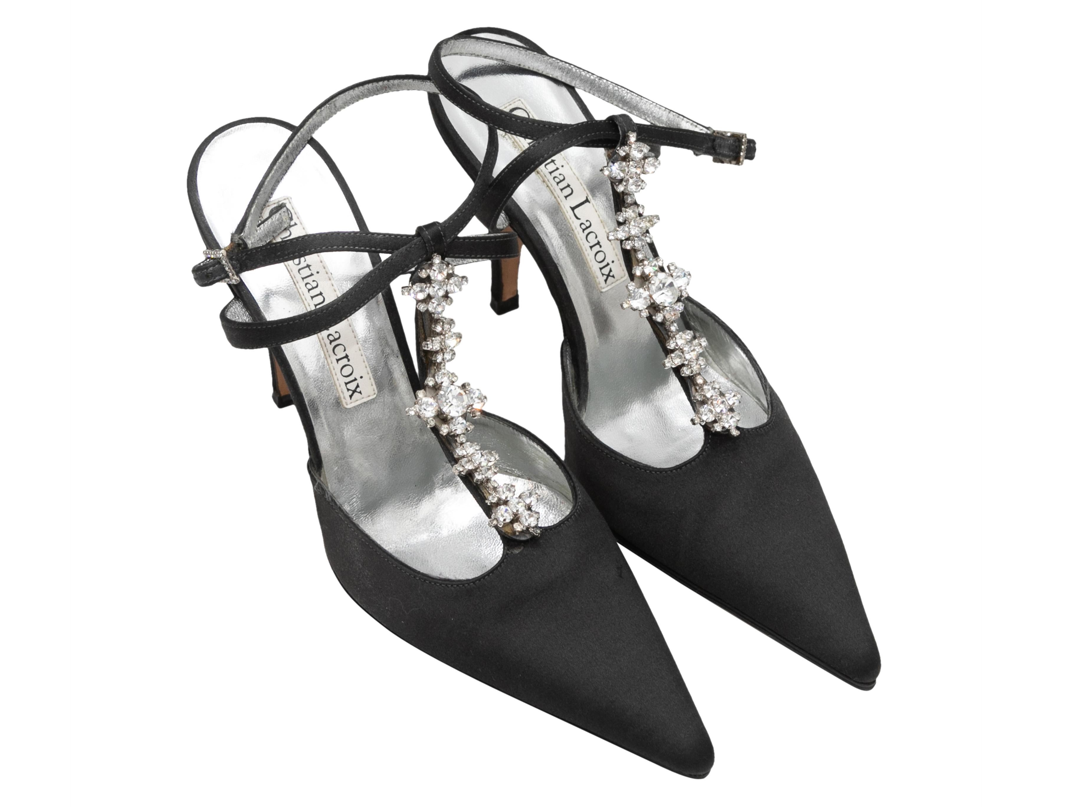 Vintage black silk pointed-toe crystal-embellished heels by Christian Lacroix. Buckle closures at ankle straps. 4.75