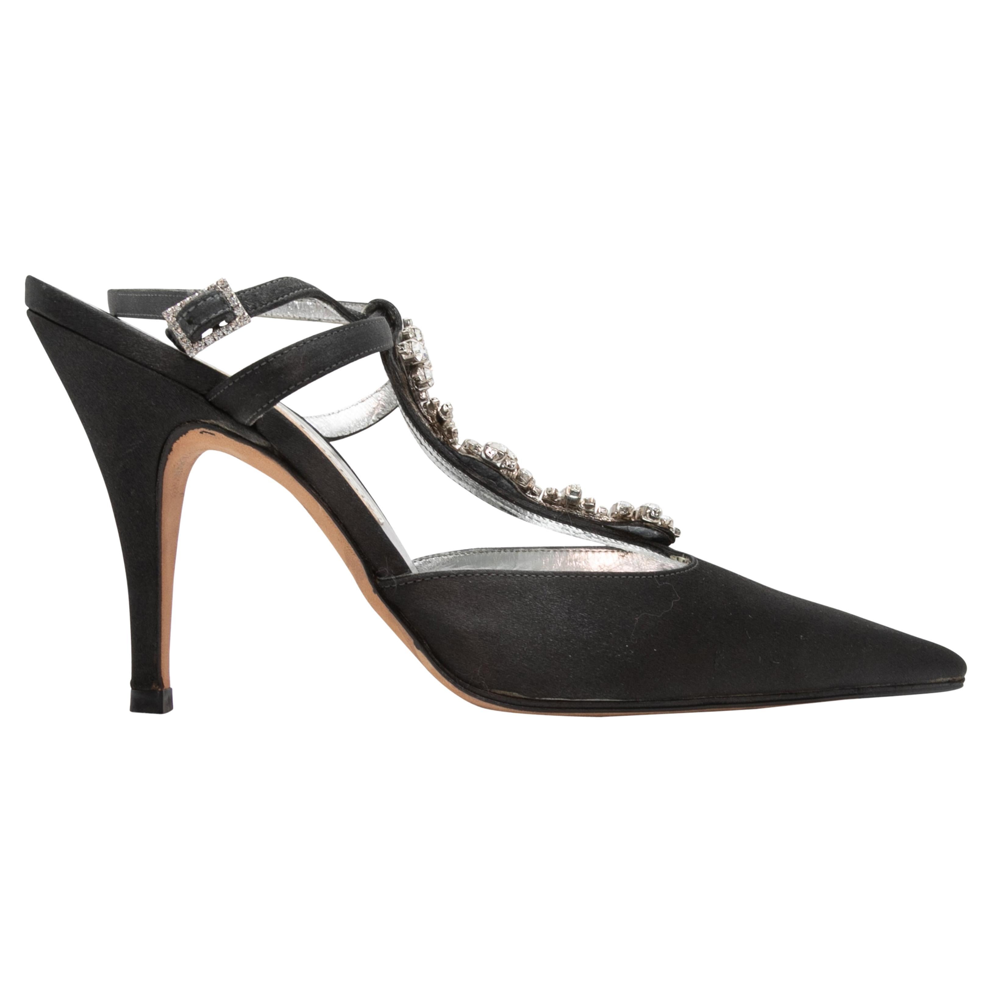 Vintage Black Christian Lacroix Silk Crystal-Embellished Heels Size 35 For Sale