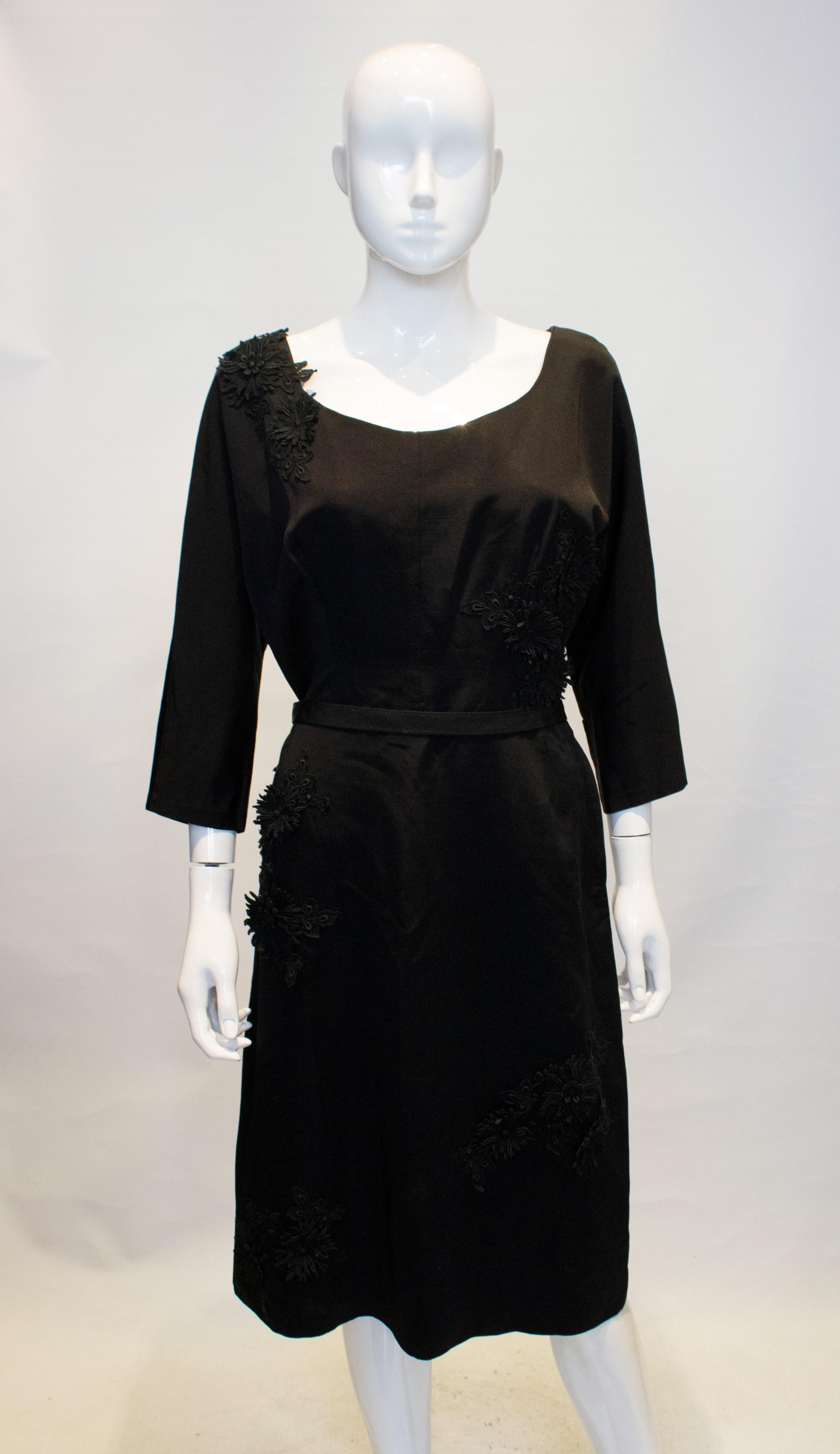 Women's Vintage Black Cocktail Dress with Floral Applique. For Sale