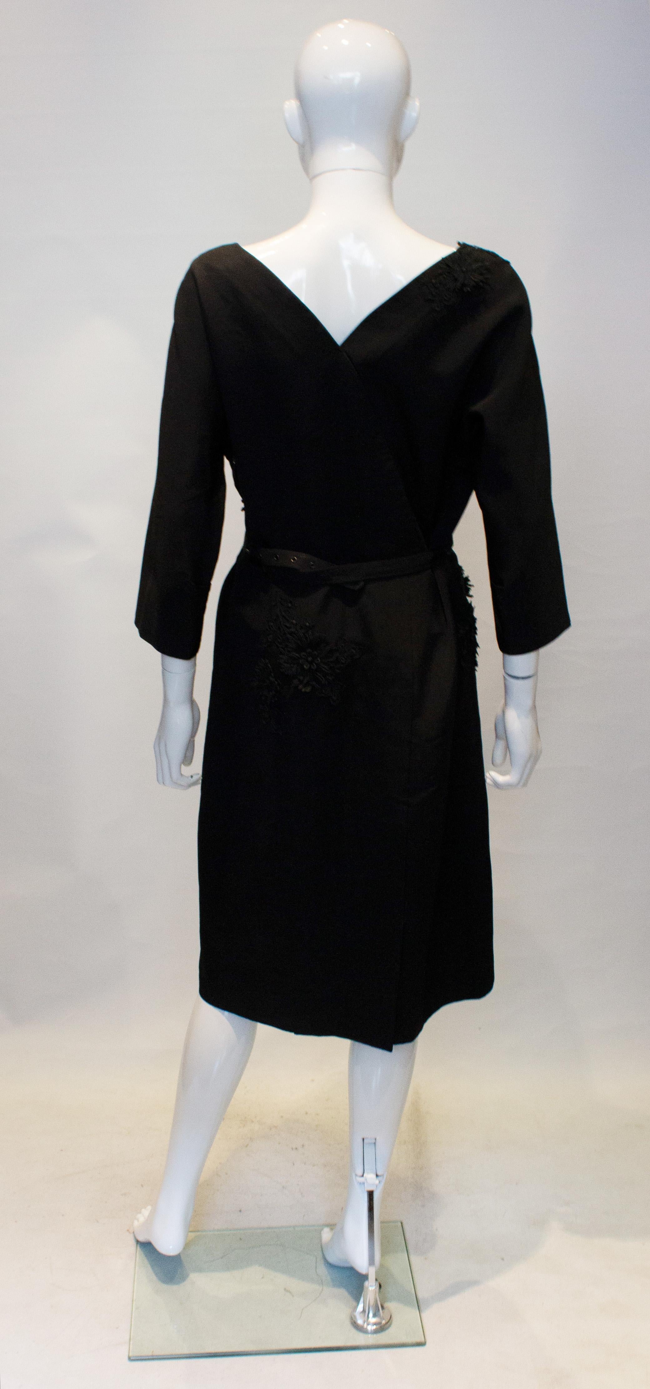 Vintage Black Cocktail Dress with Floral Applique. For Sale 3