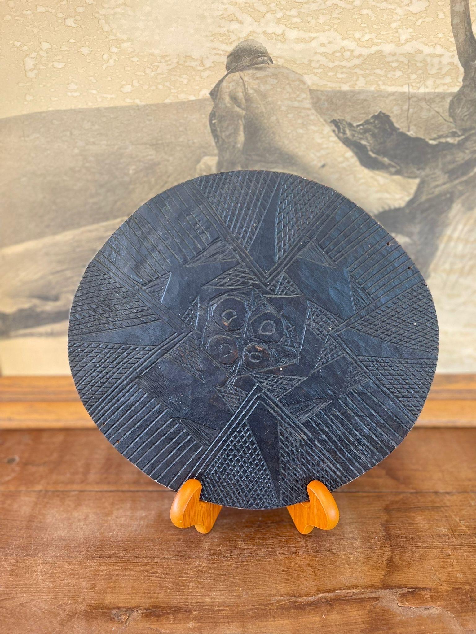 Mid-Century Modern Vintage Black Color Carved Wood Platter. For Sale