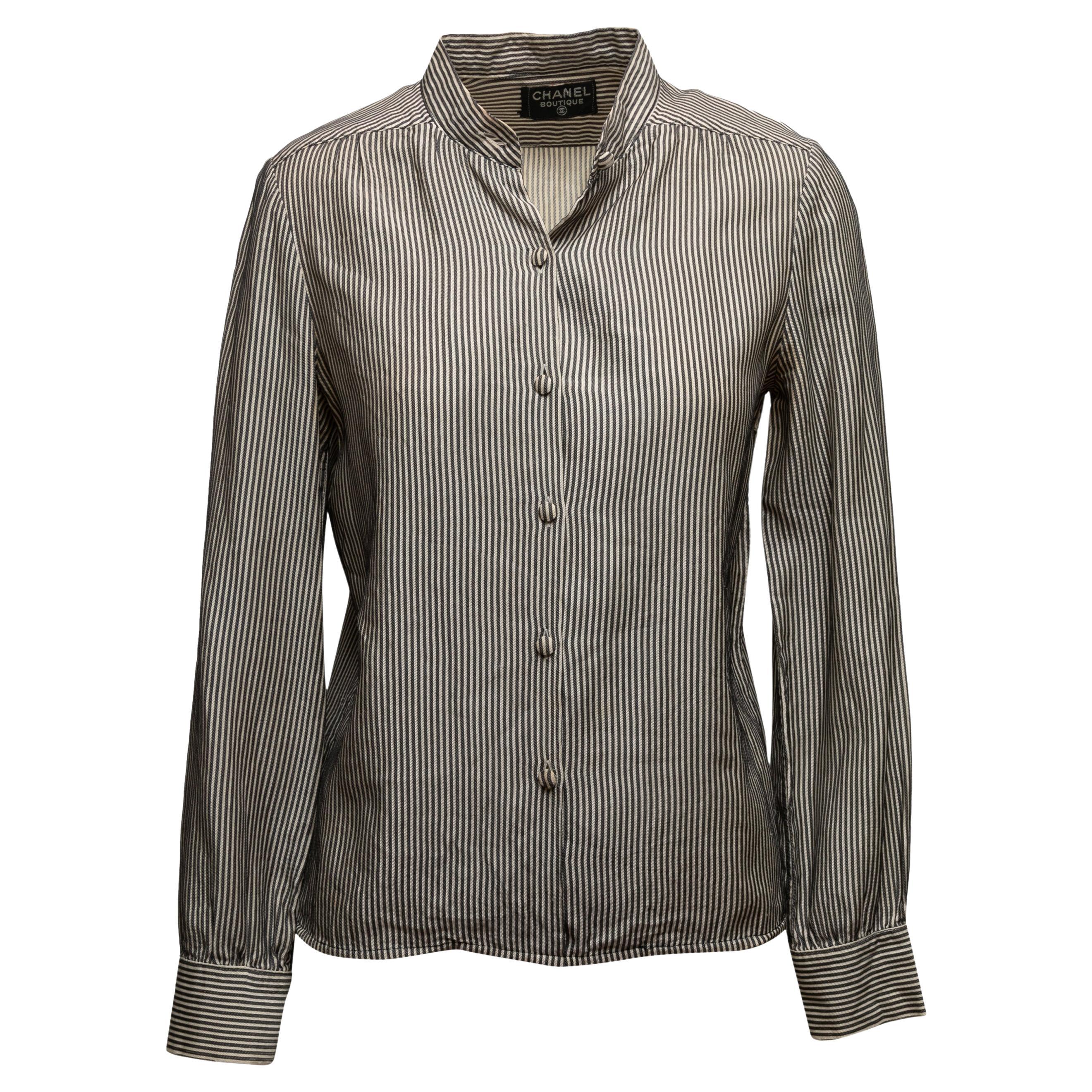 Vintage Black & Cream Chanel Boutique Striped Long Sleeve Button-Up Size US S For Sale