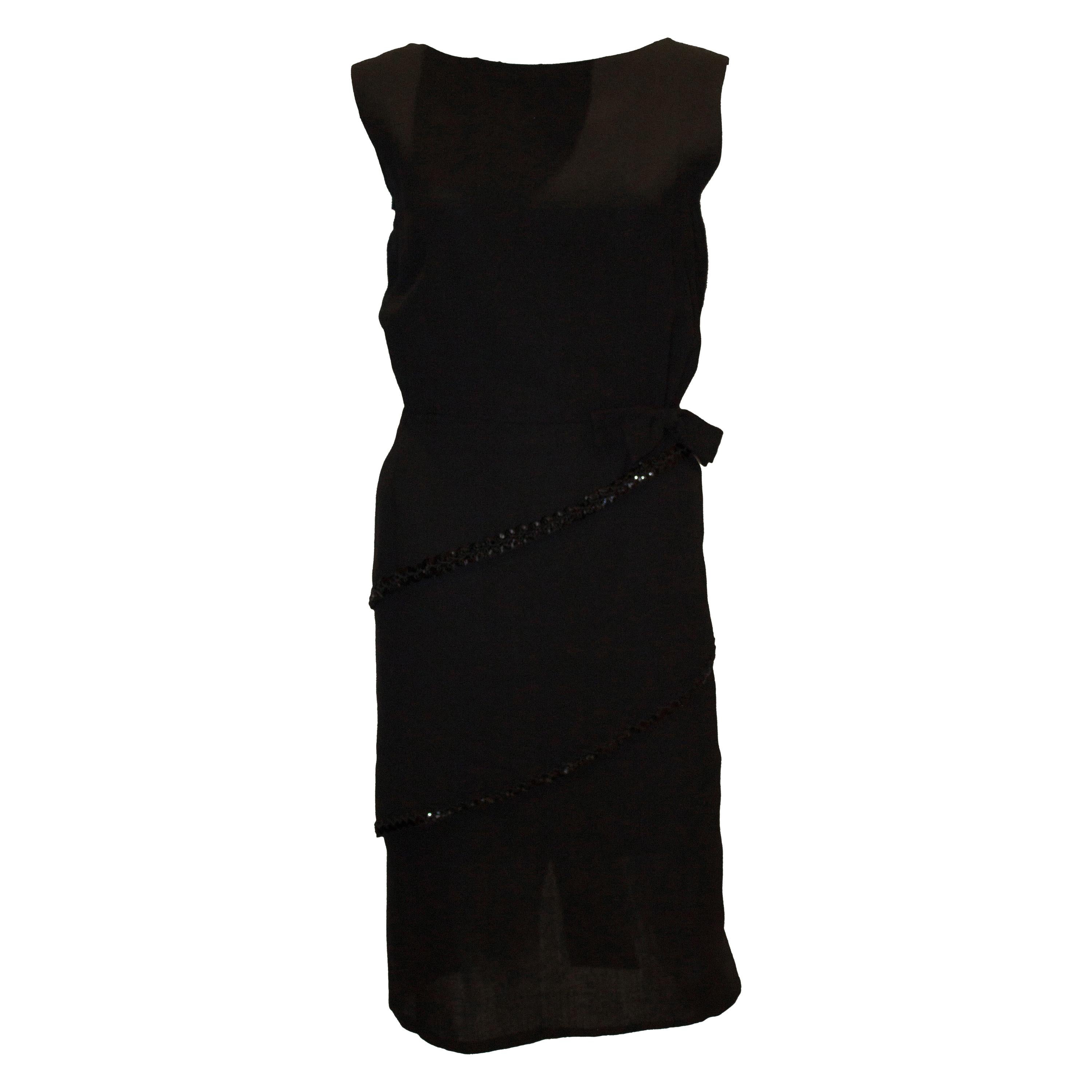 Vintage Black Crepe Dress with Sequin Detail For Sale