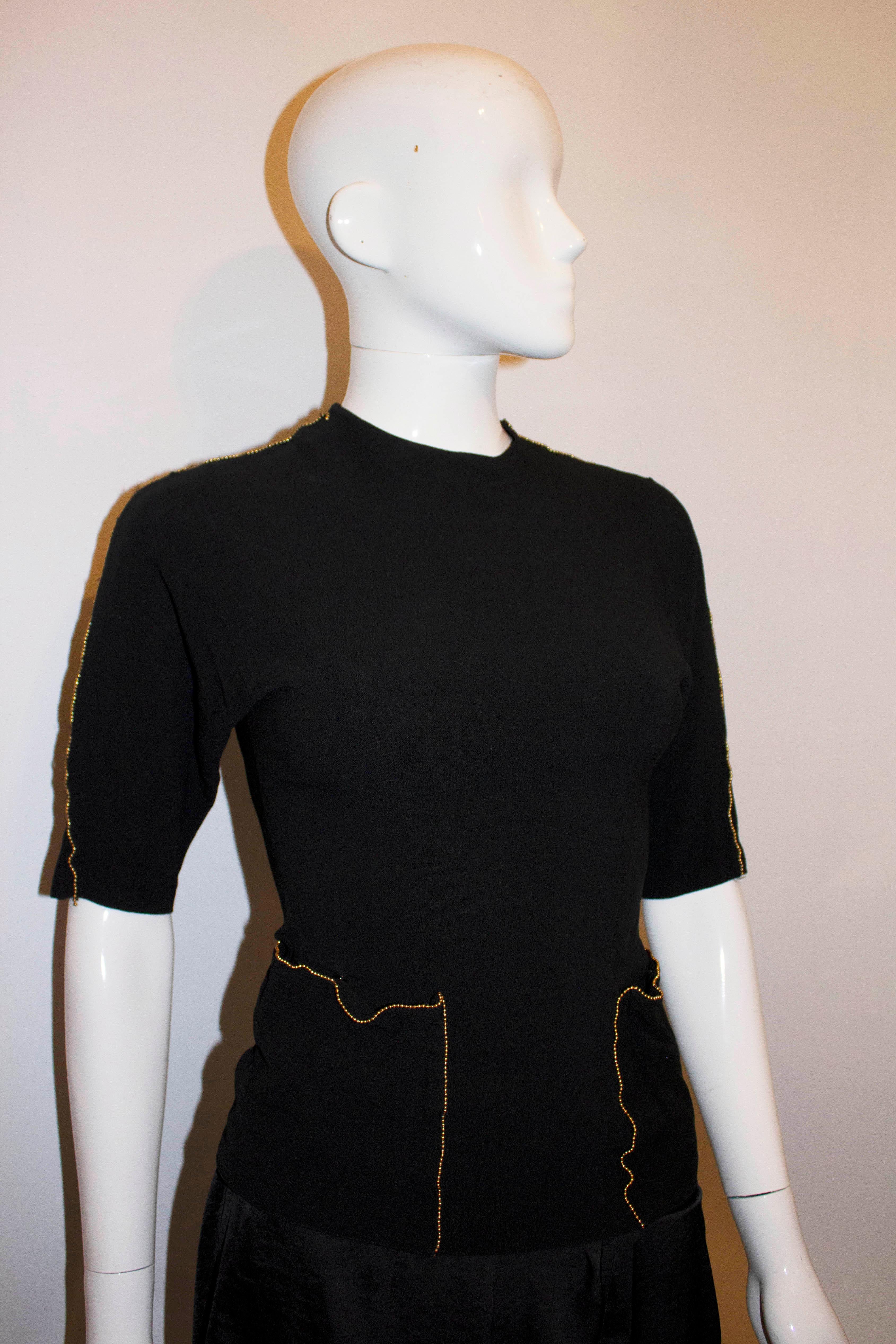 Vintage Black Crepe Top with Gold Bead Detail In Good Condition In London, GB