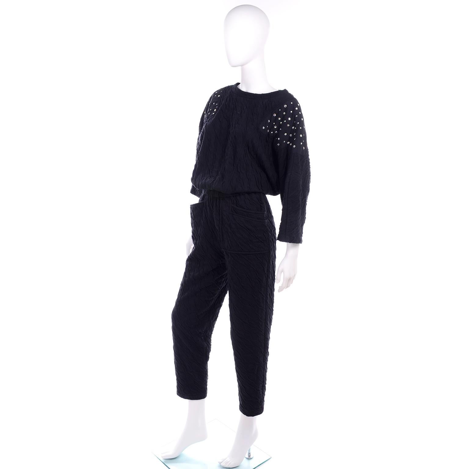 Vintage Black Crinkle 1980s Jumpsuit With Rhinestones & Dolman Sleeves In Excellent Condition In Portland, OR