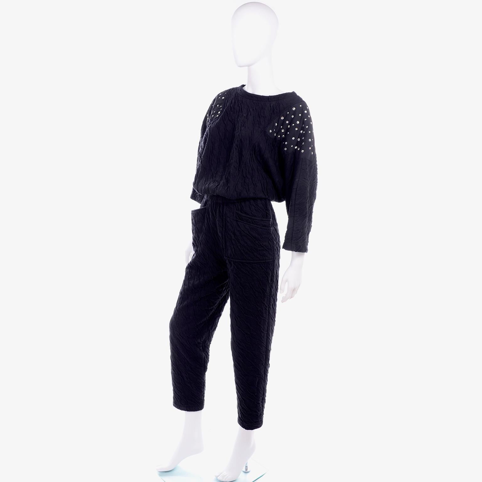 Women's Vintage Black Crinkle 1980s Jumpsuit With Rhinestones & Dolman Sleeves