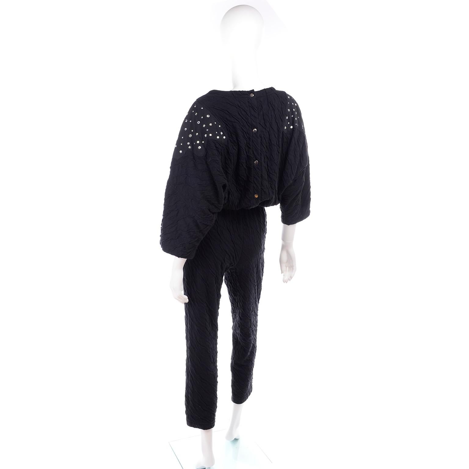 Vintage Black Crinkle 1980s Jumpsuit With Rhinestones & Dolman Sleeves 1