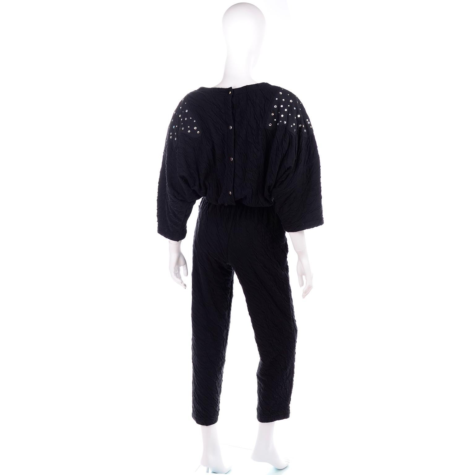 Vintage Black Crinkle 1980s Jumpsuit With Rhinestones & Dolman Sleeves 2