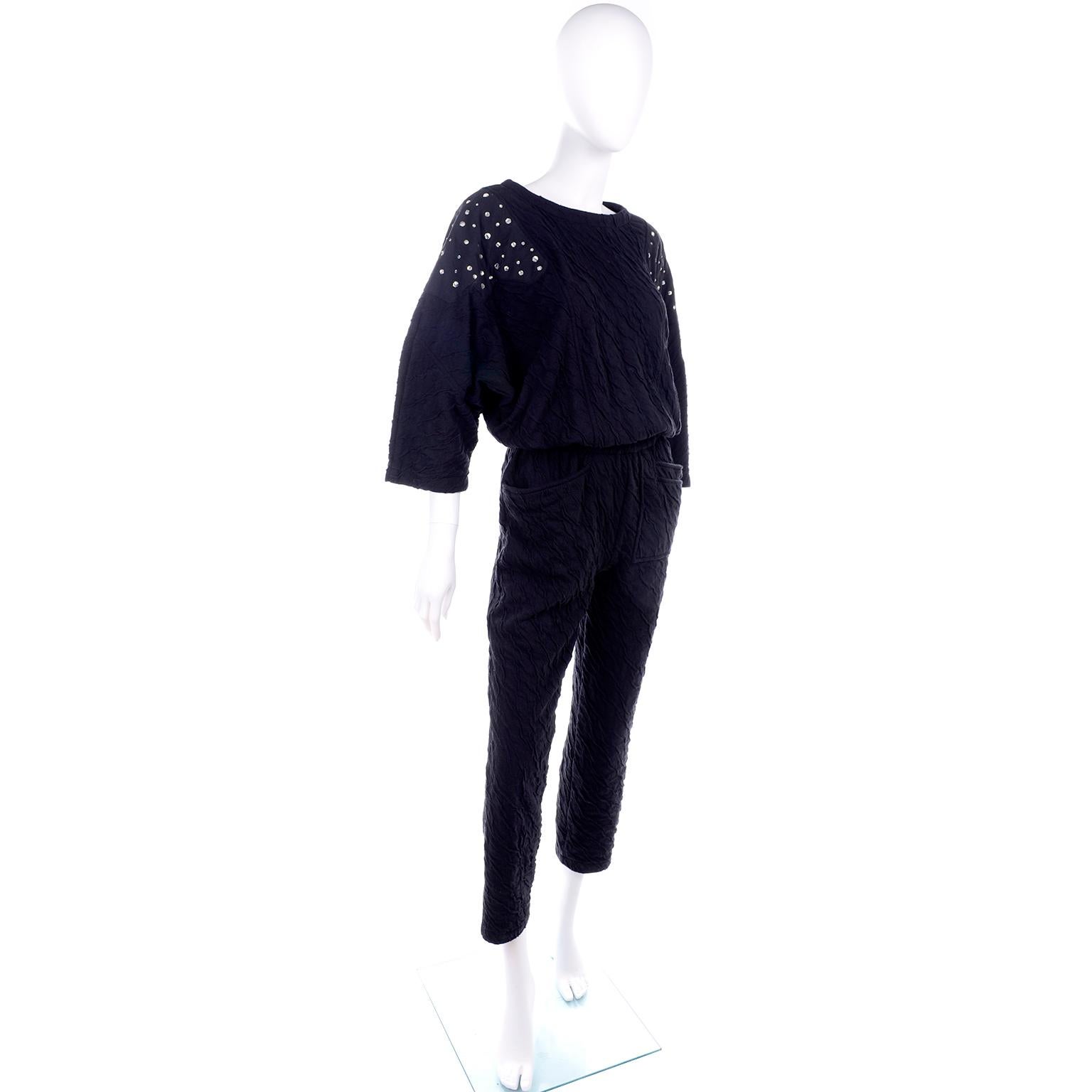 Vintage Black Crinkle 1980s Jumpsuit With Rhinestones & Dolman Sleeves 3