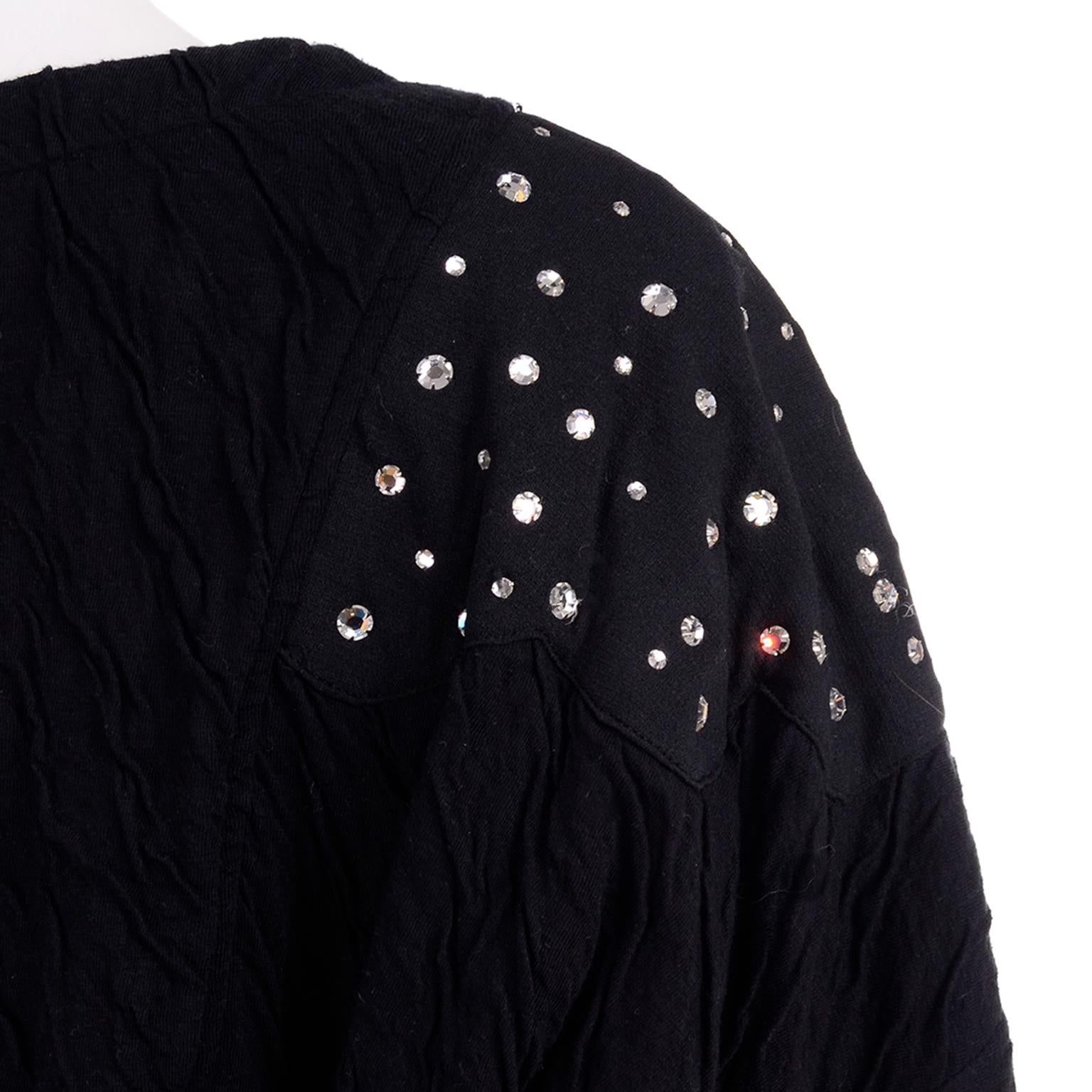 Vintage Black Crinkle 1980s Jumpsuit With Rhinestones & Dolman Sleeves 4