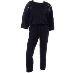 Vintage Black Crinkle 1980s Jumpsuit With Rhinestones & Dolman Sleeves