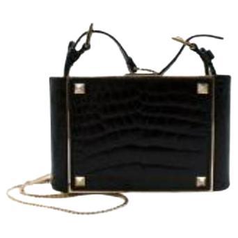 vintage black croc embossed leather box bag For Sale