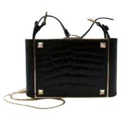 vintage black croc embossed leather box bag