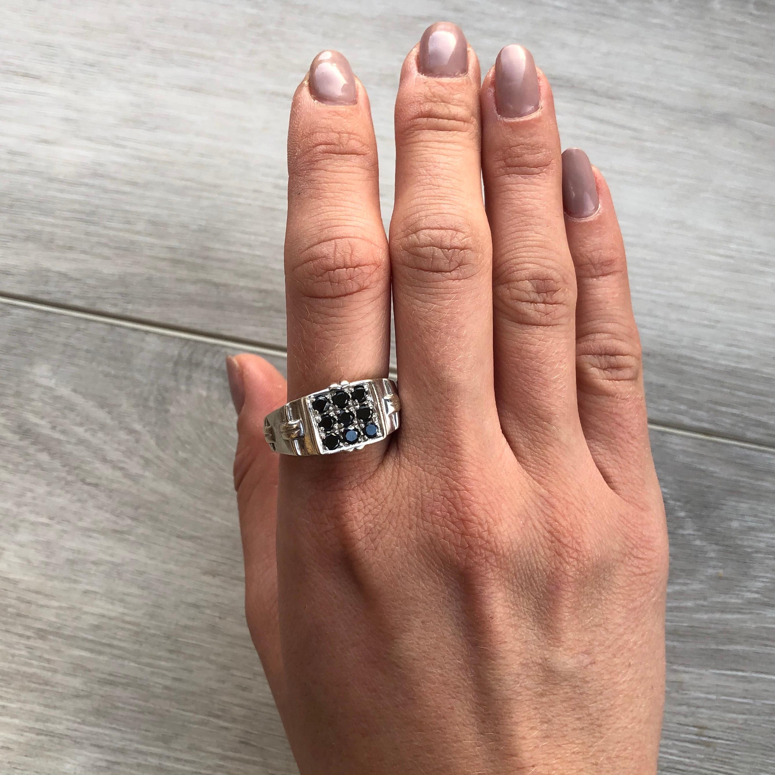 Round Cut Vintage Black Diamond and 9 Carat White Gold Signet Ring For Sale