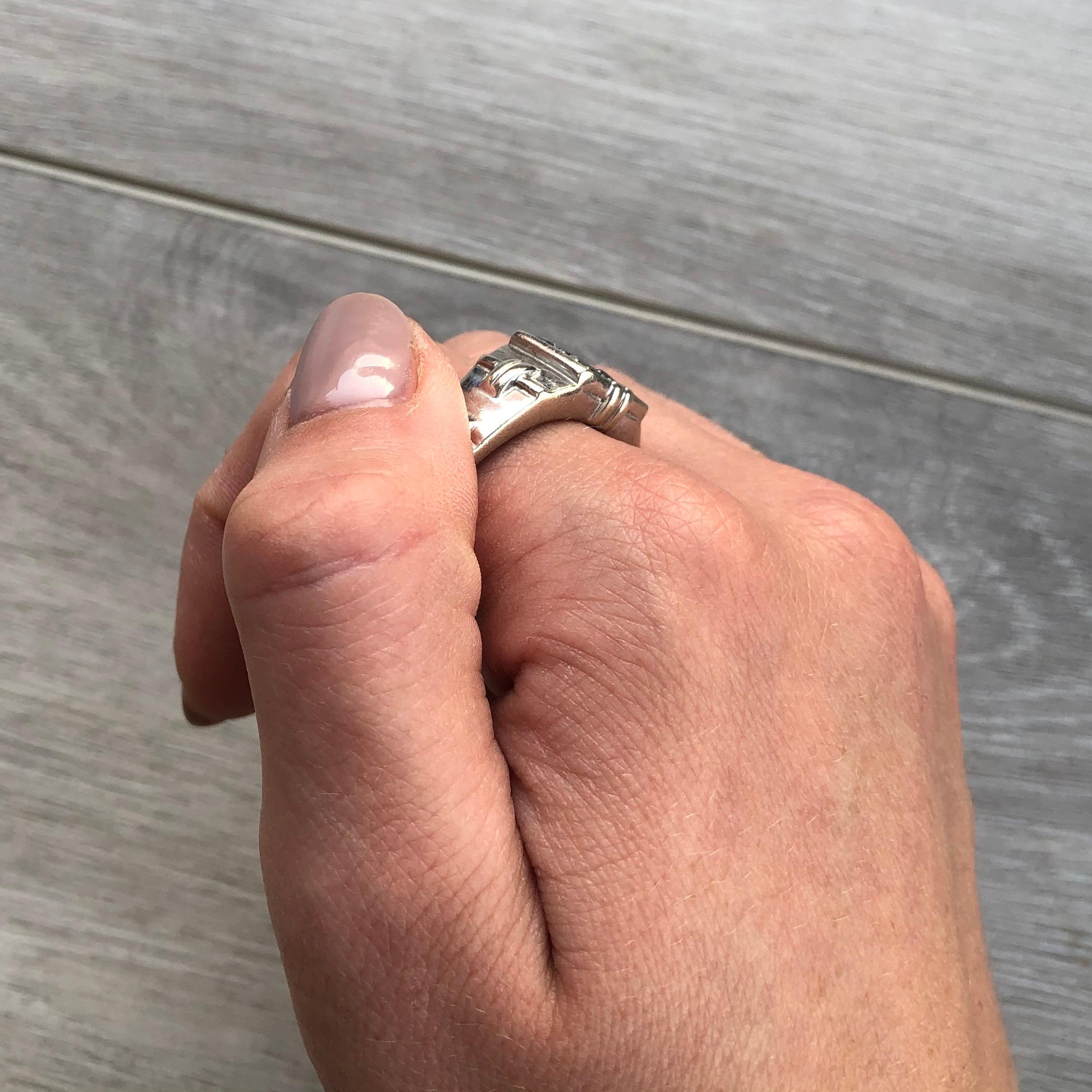Women's or Men's Vintage Black Diamond and 9 Carat White Gold Signet Ring For Sale