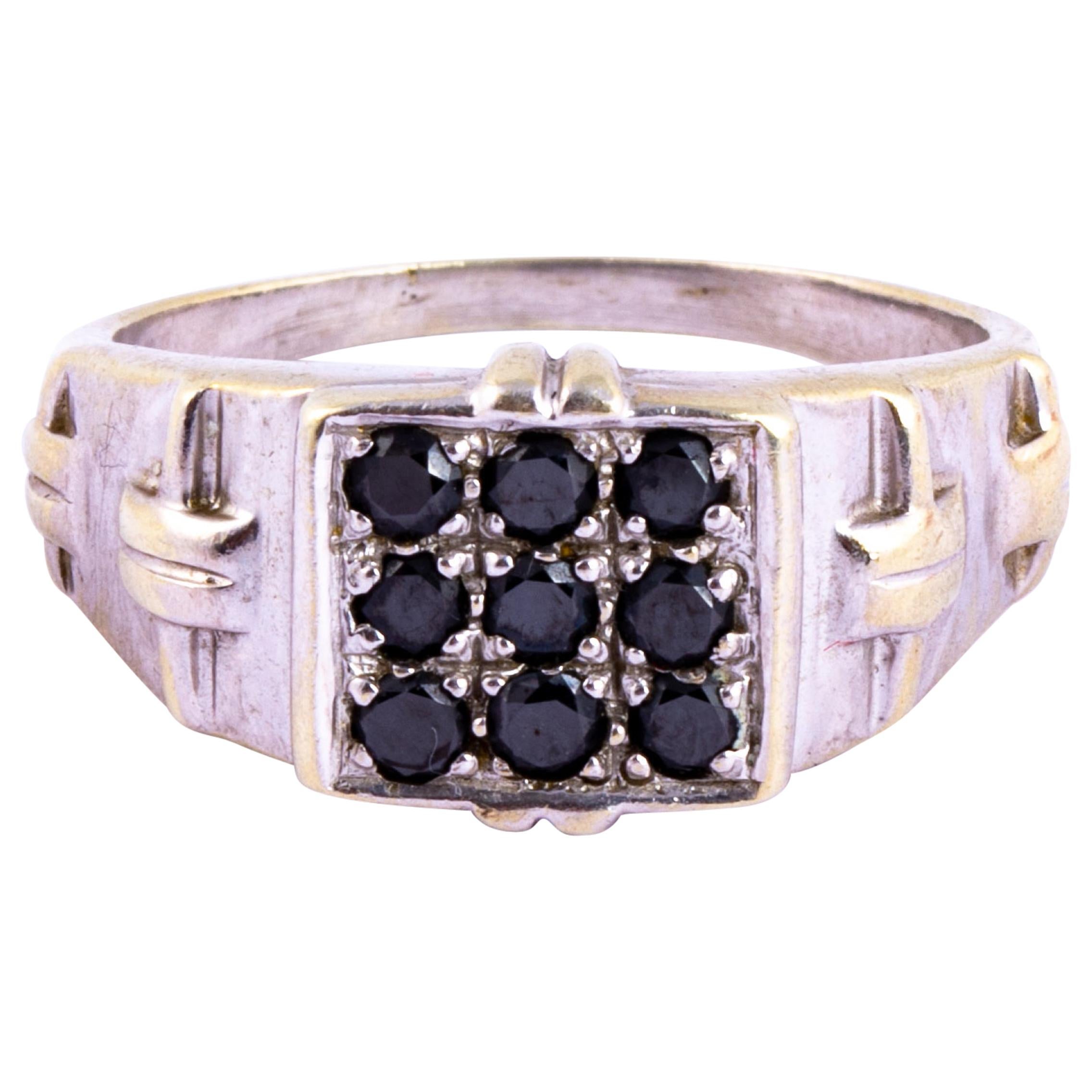 Vintage Black Diamond and 9 Carat White Gold Signet Ring For Sale