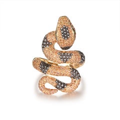 Vintage Black Diamond Yellow Sapphire Snake Ring in 14 Karat Yellow Gold