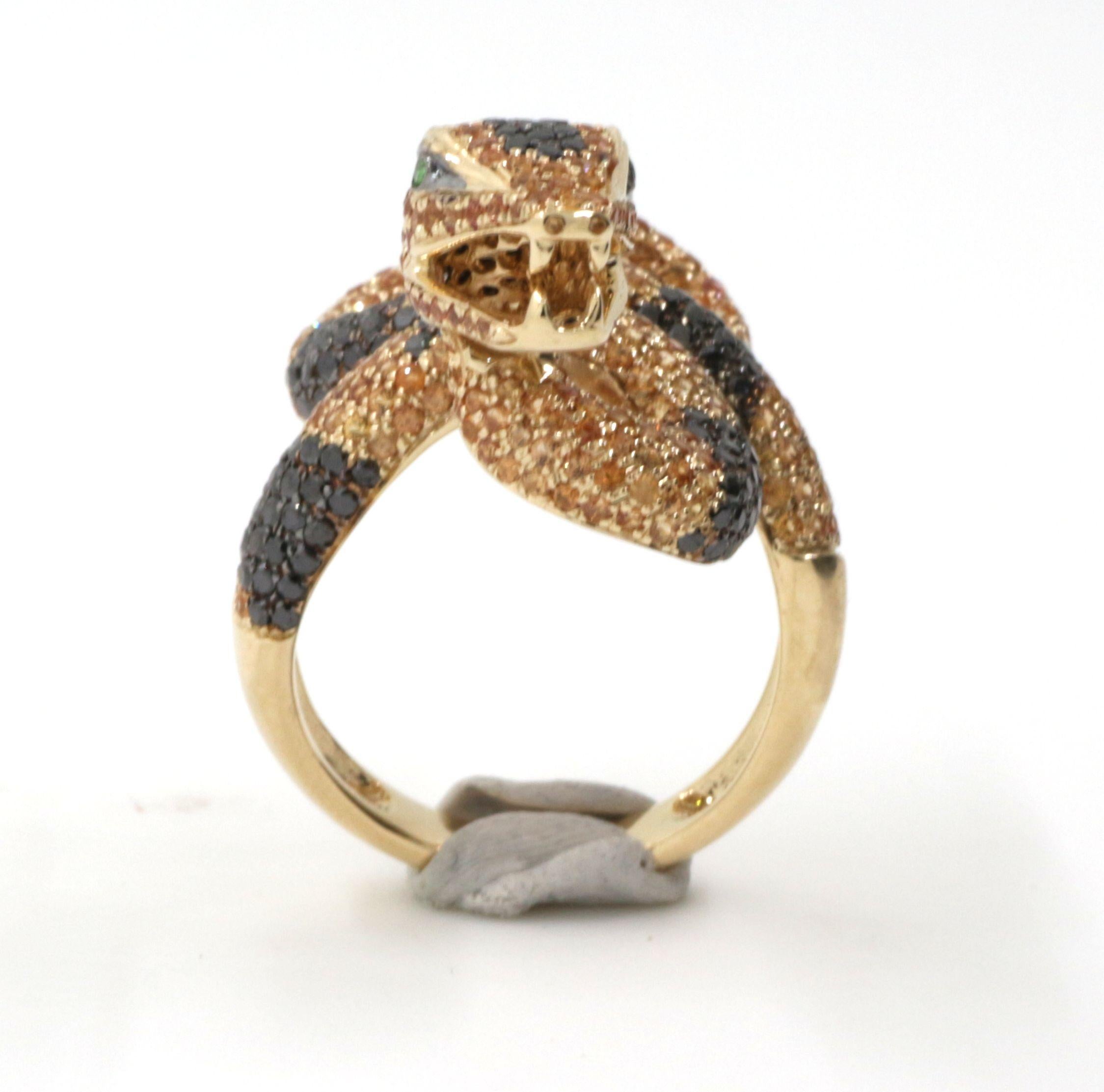 Schwarzer Diamant-Gelb-Saphir-Schlangenring aus 14 Karat Gelbgold (Rundschliff)