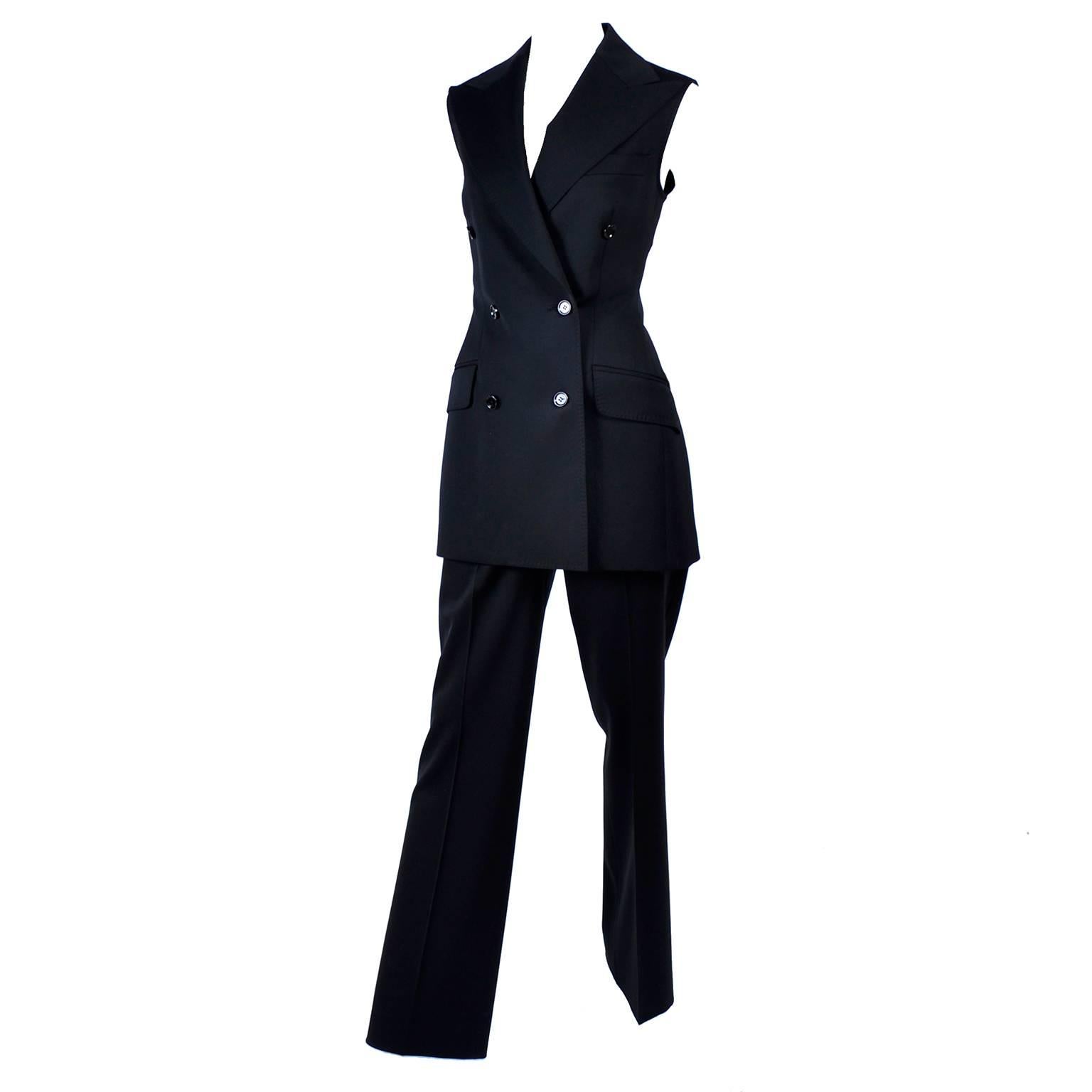 Dolce & Gabbana Vintage Black Trouser Suit with High Waist Pants and Long Vest 6