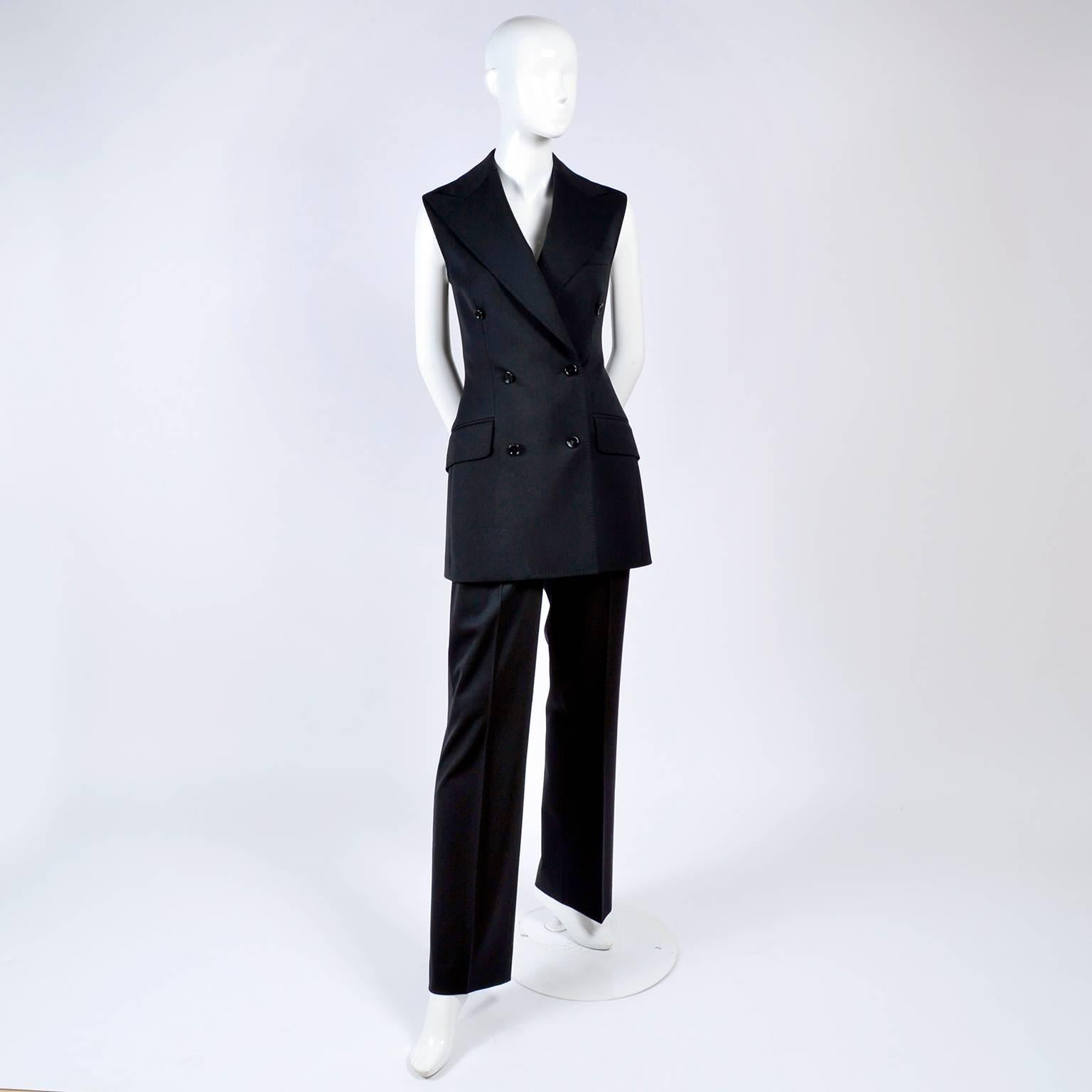 Dolce & Gabbana Vintage Black Trouser Suit with High Waist Pants and Long Vest In Excellent Condition In Portland, OR