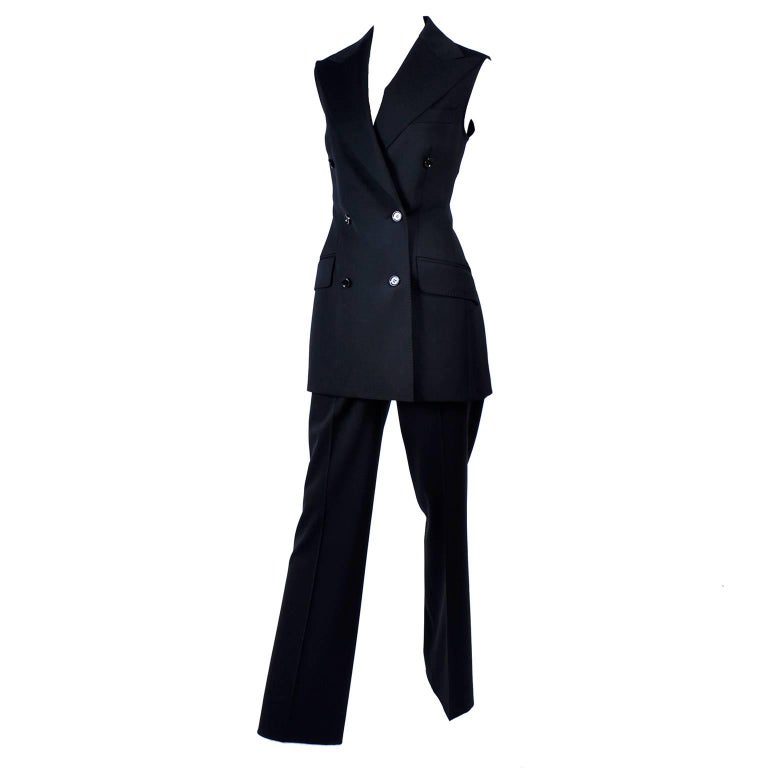 Dolce and Gabbana Vintage Black Trouser Suit with High Waist Pants and Long Vest at 1stDibs