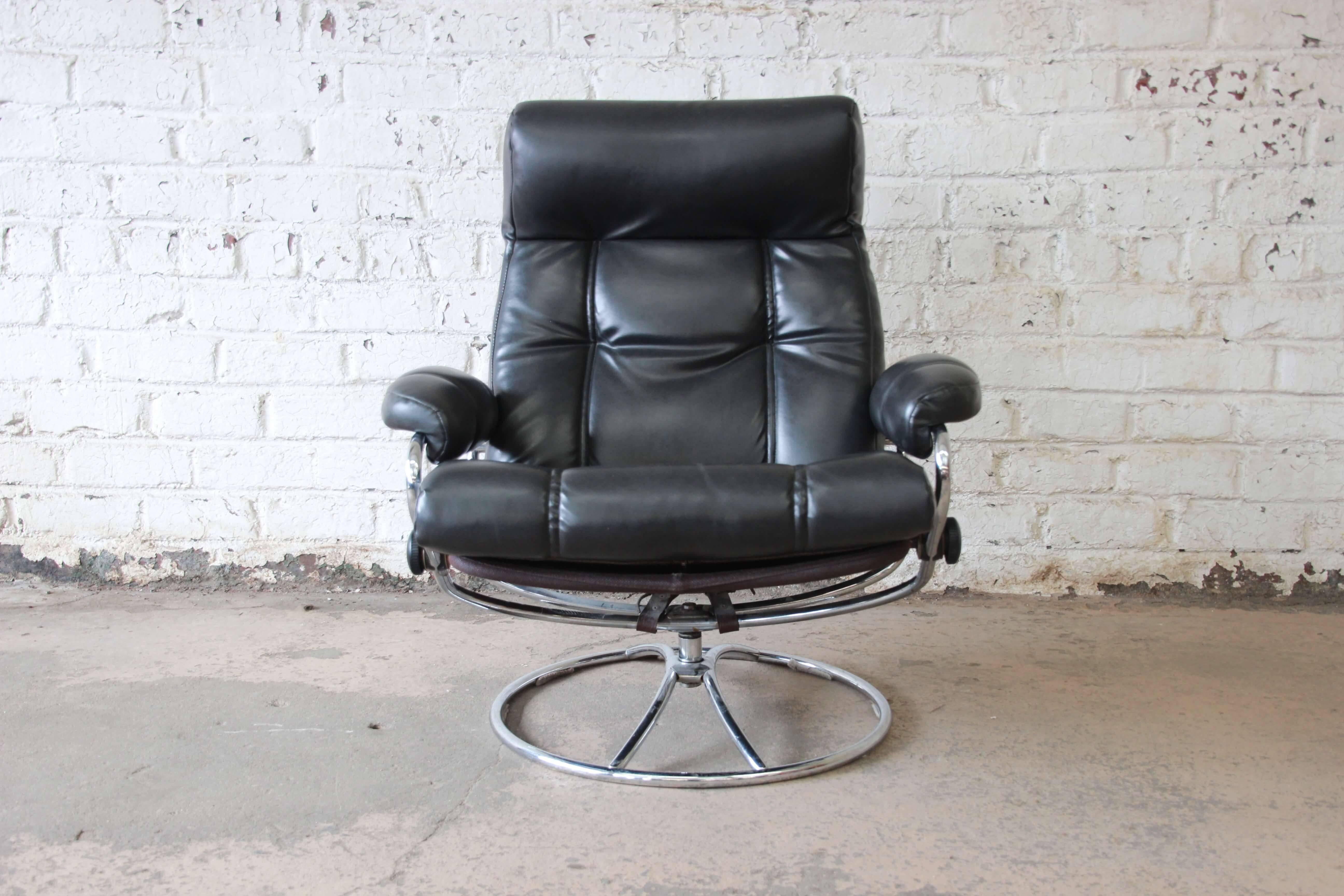 Scandinavian Modern Vintage Black Ekornes Stressless Chair and Ottoman