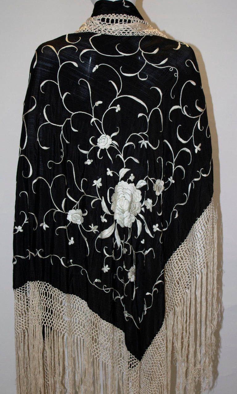 Vintage Black Embroidered Silk Piano Shawl with Fringing at 1stDibs ...