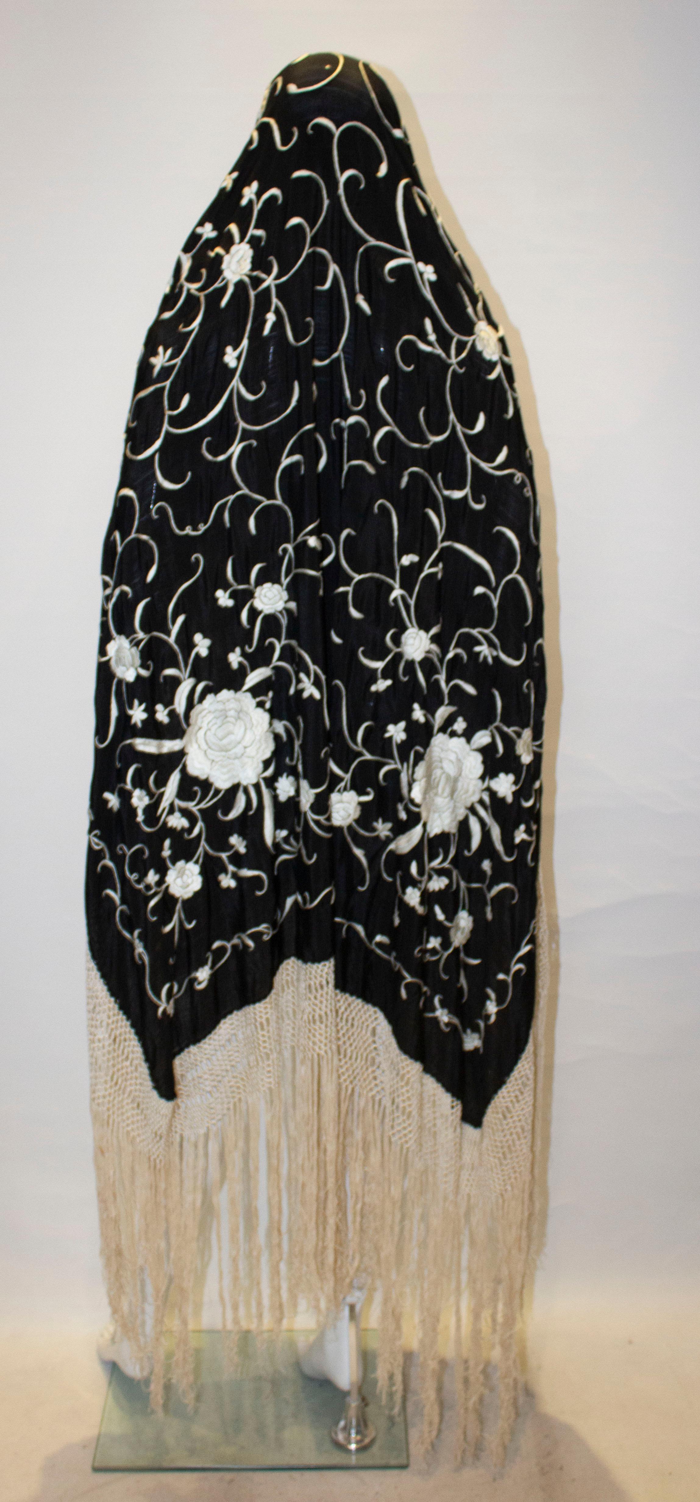 Beige Vintage Black Embroidered Silk Piano Shawl with Fringing