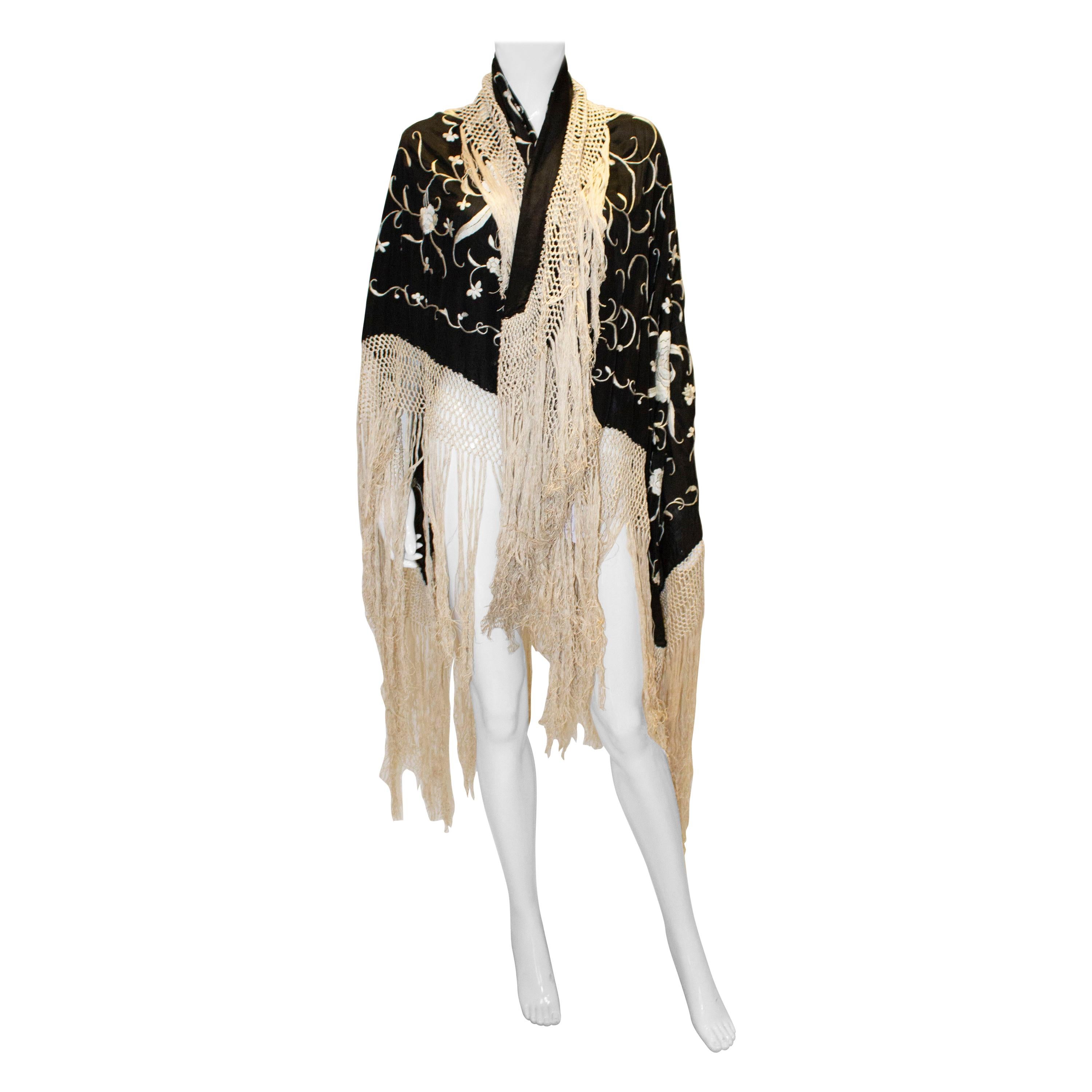 Vintage Black Embroidered Silk Piano Shawl with Fringing at 1stDibs ...