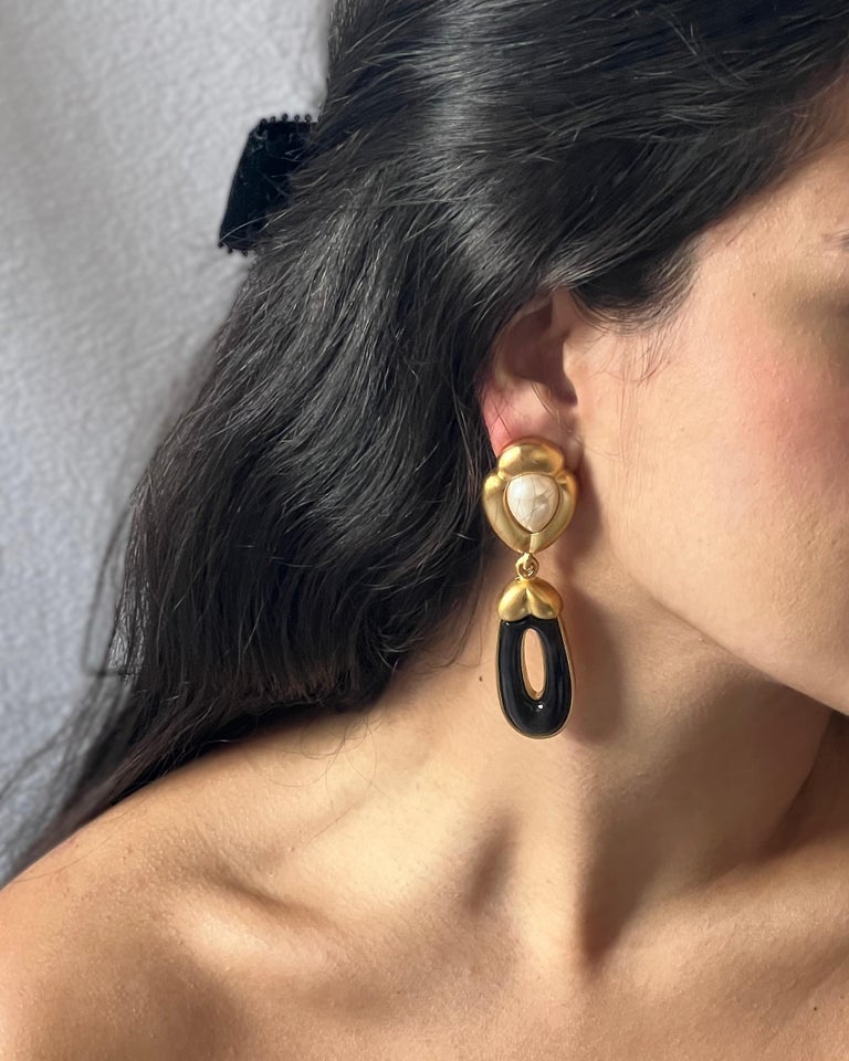 Vintage Black Enamel and Pearl Statement Earrings at 1stDibs
