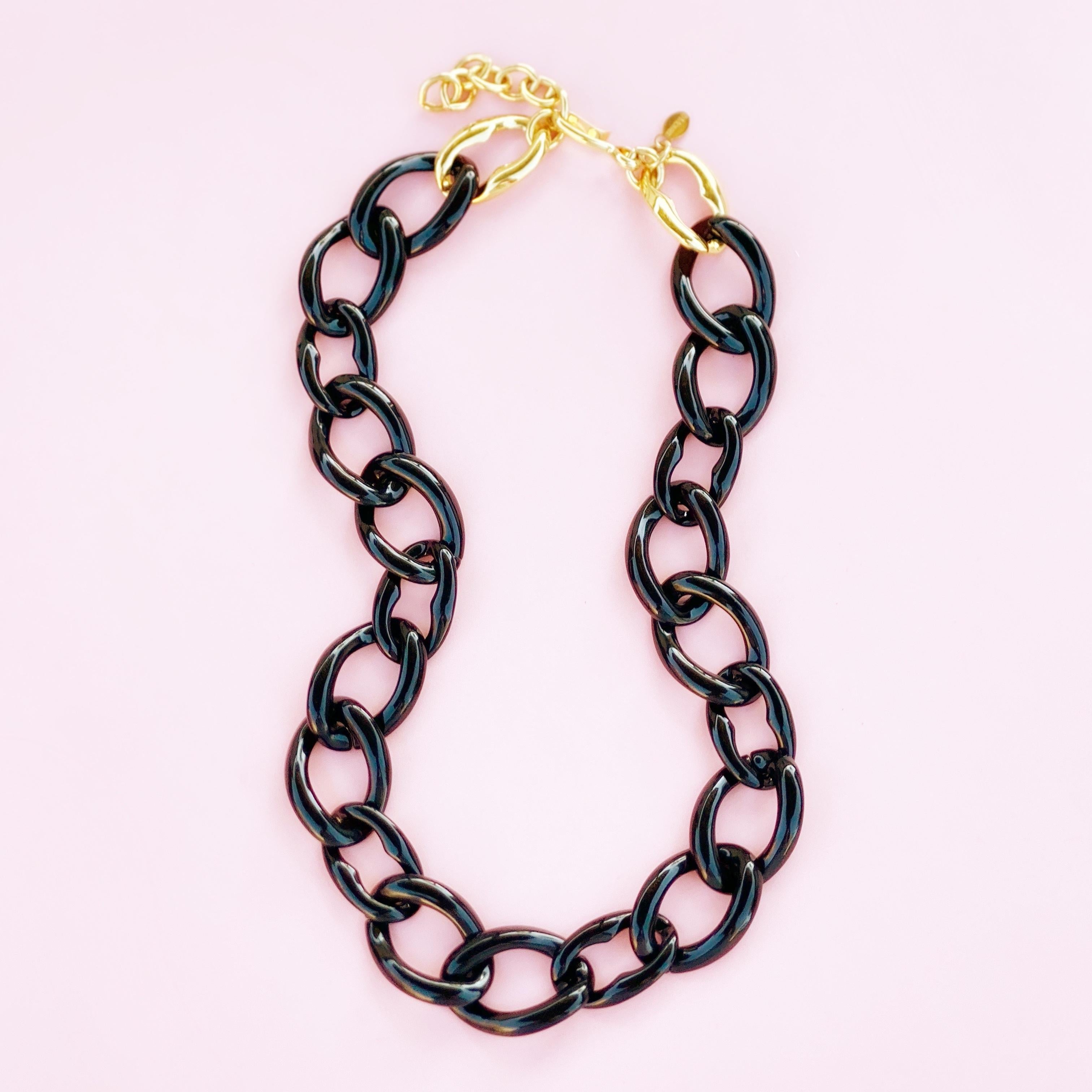 Modern Vintage Black Enamel Chunky Chain Statement Necklace By Monet, 1980s