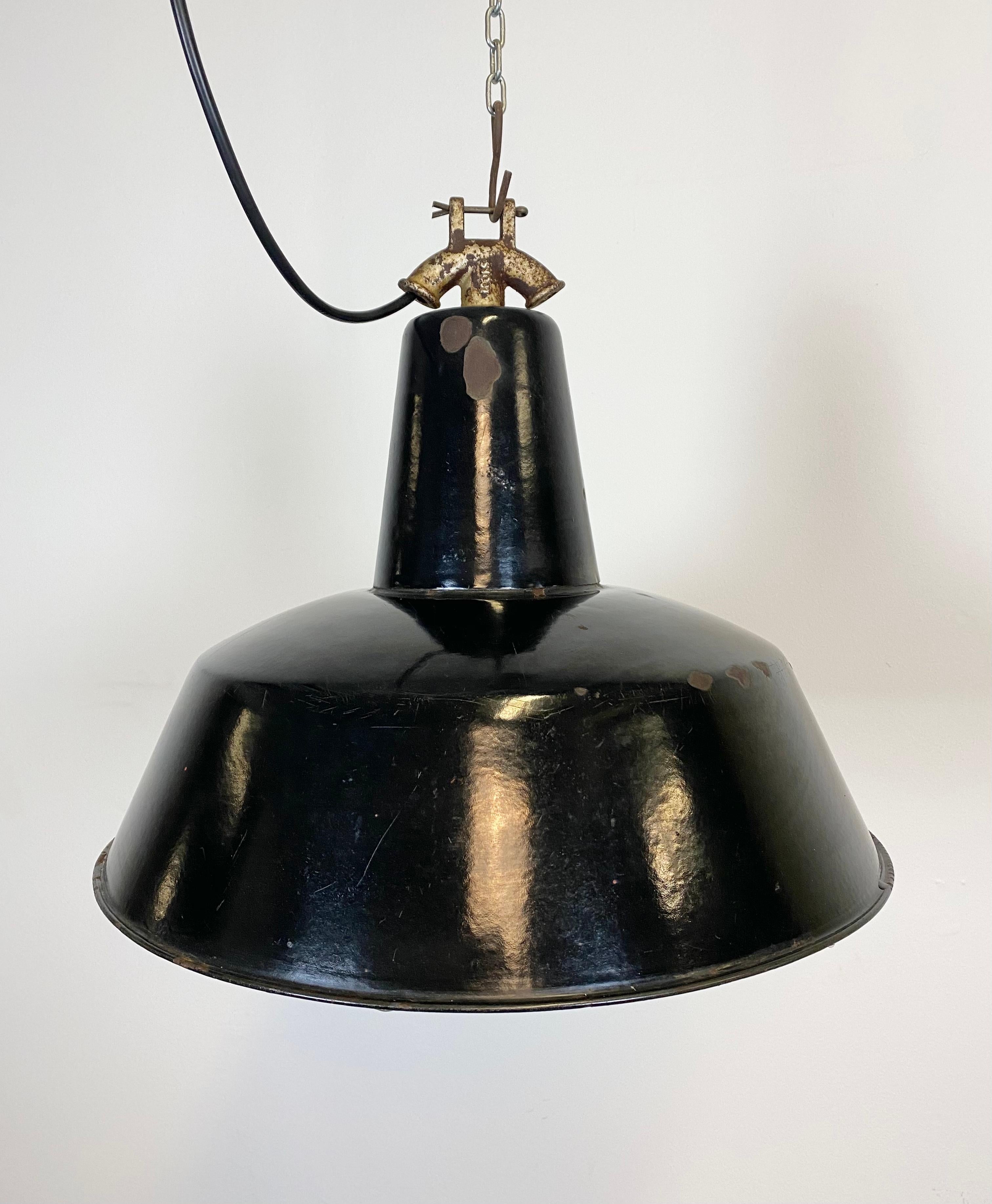 Czech Vintage Black Enamel Industrial Factory Pendant Lamp, 1930s