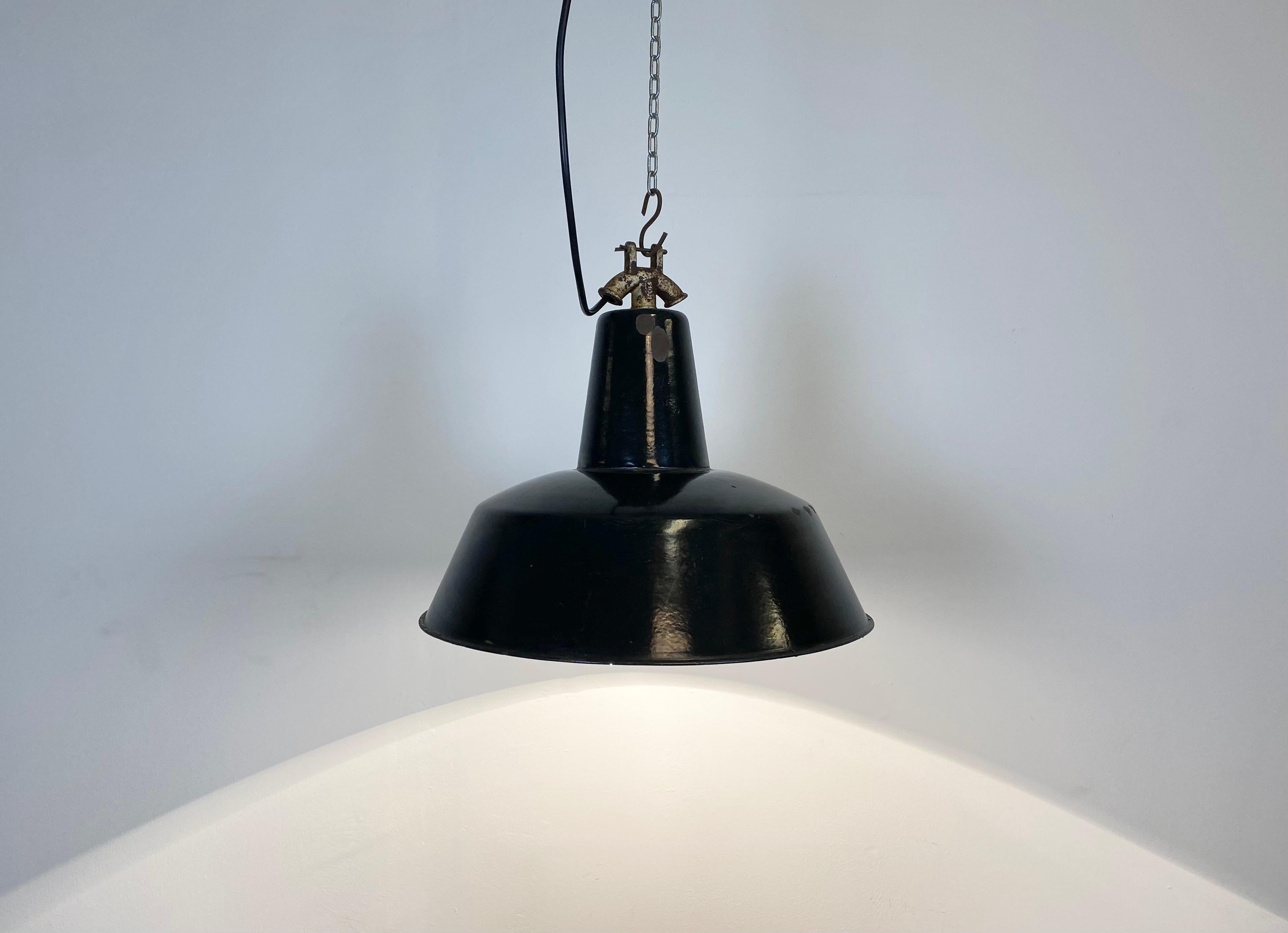 20th Century Vintage Black Enamel Industrial Factory Pendant Lamp, 1930s For Sale
