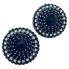 Vintage black enamel rhinestone round designer clip on earrings
