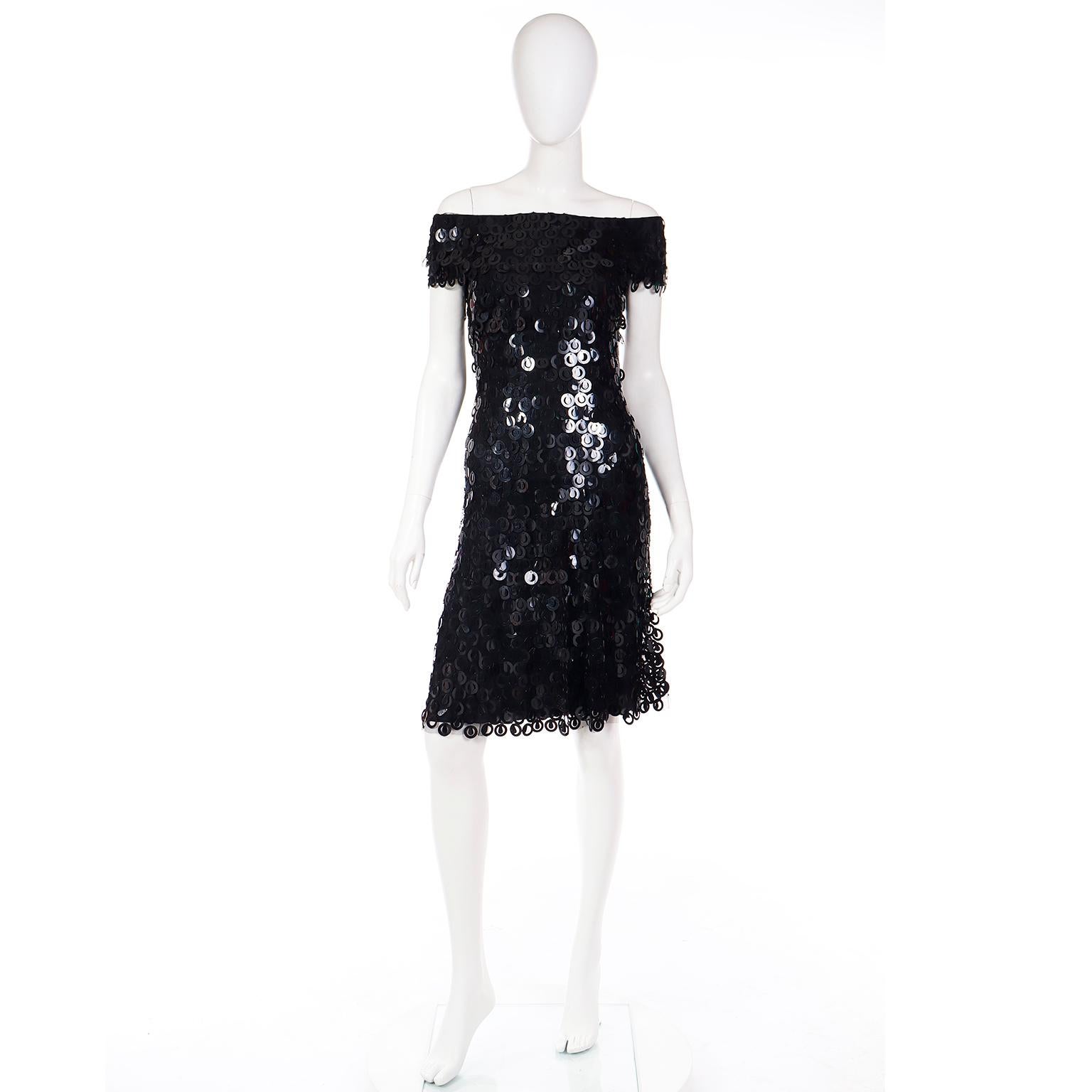 Vintage Black Evening Dress With Large Teardrop & Circle Paillettes In Excellent Condition For Sale In Portland, OR
