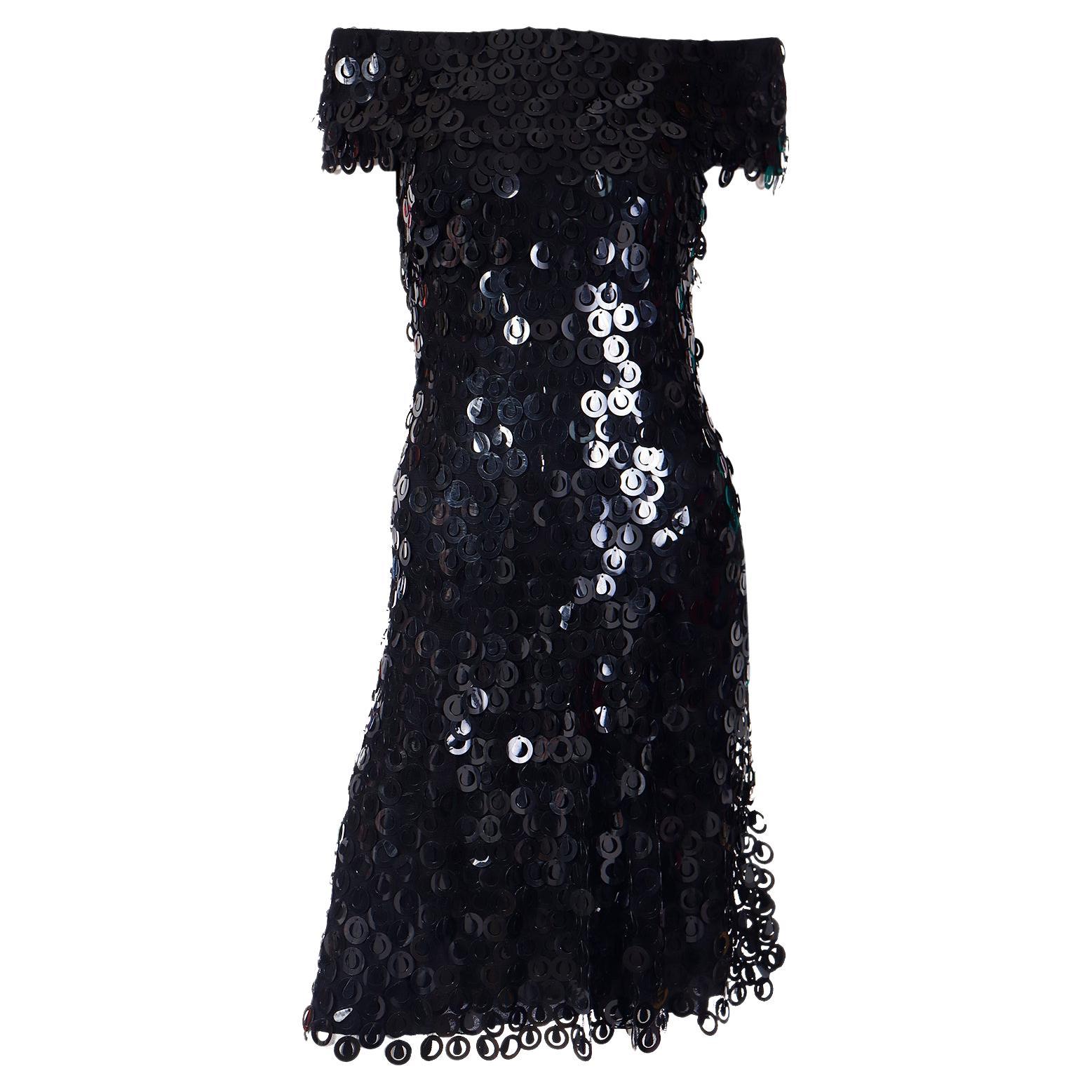 Vintage Black Evening Dress With Large Teardrop & Circle Paillettes For Sale