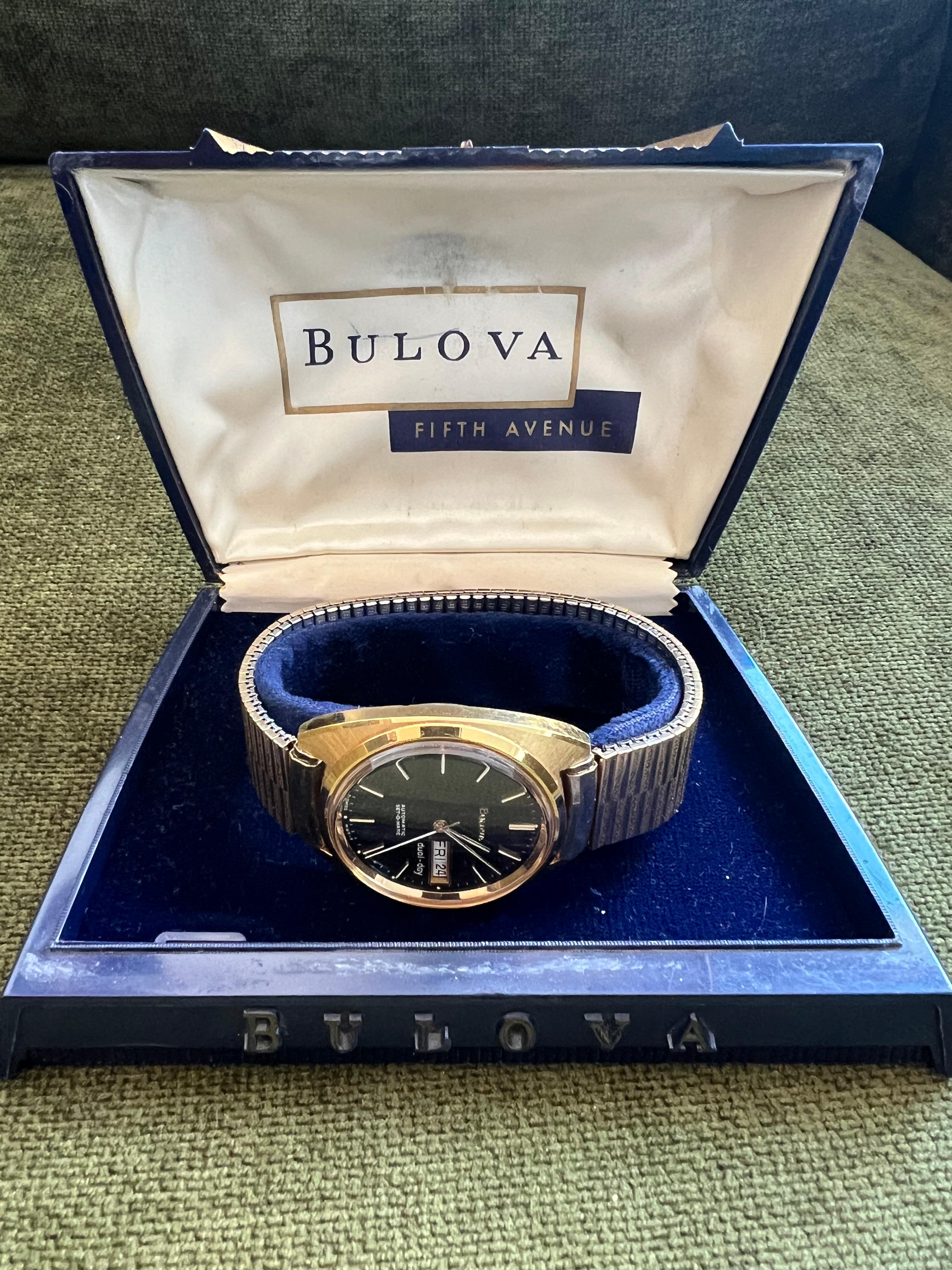 Vintage Black Face Bulova Stainless Steel Gold Tone In Original Fifth Ave Case For Sale 5