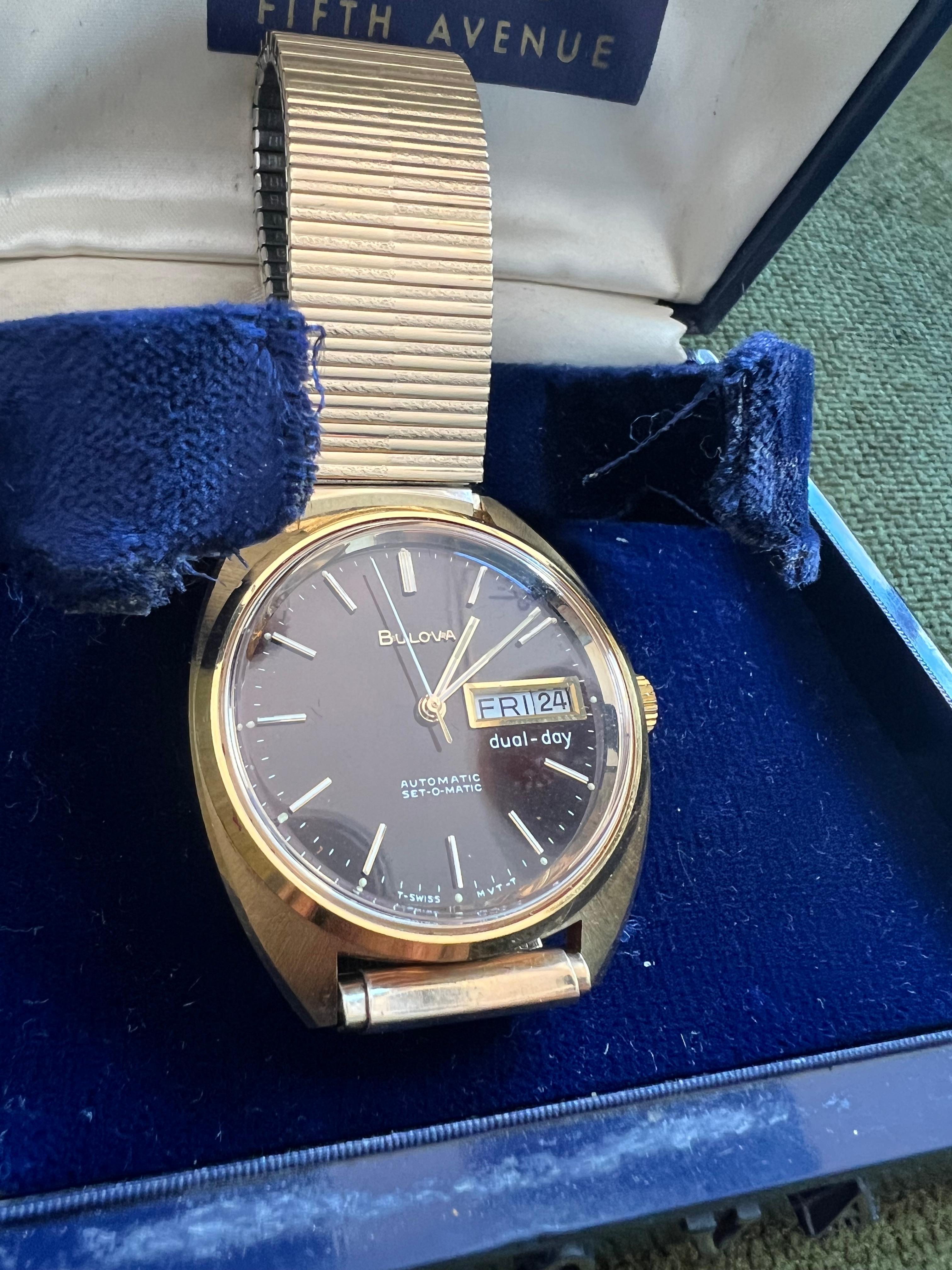 Art Deco Vintage Black Face Bulova Stainless Steel Gold Tone In Original Fifth Ave Case For Sale