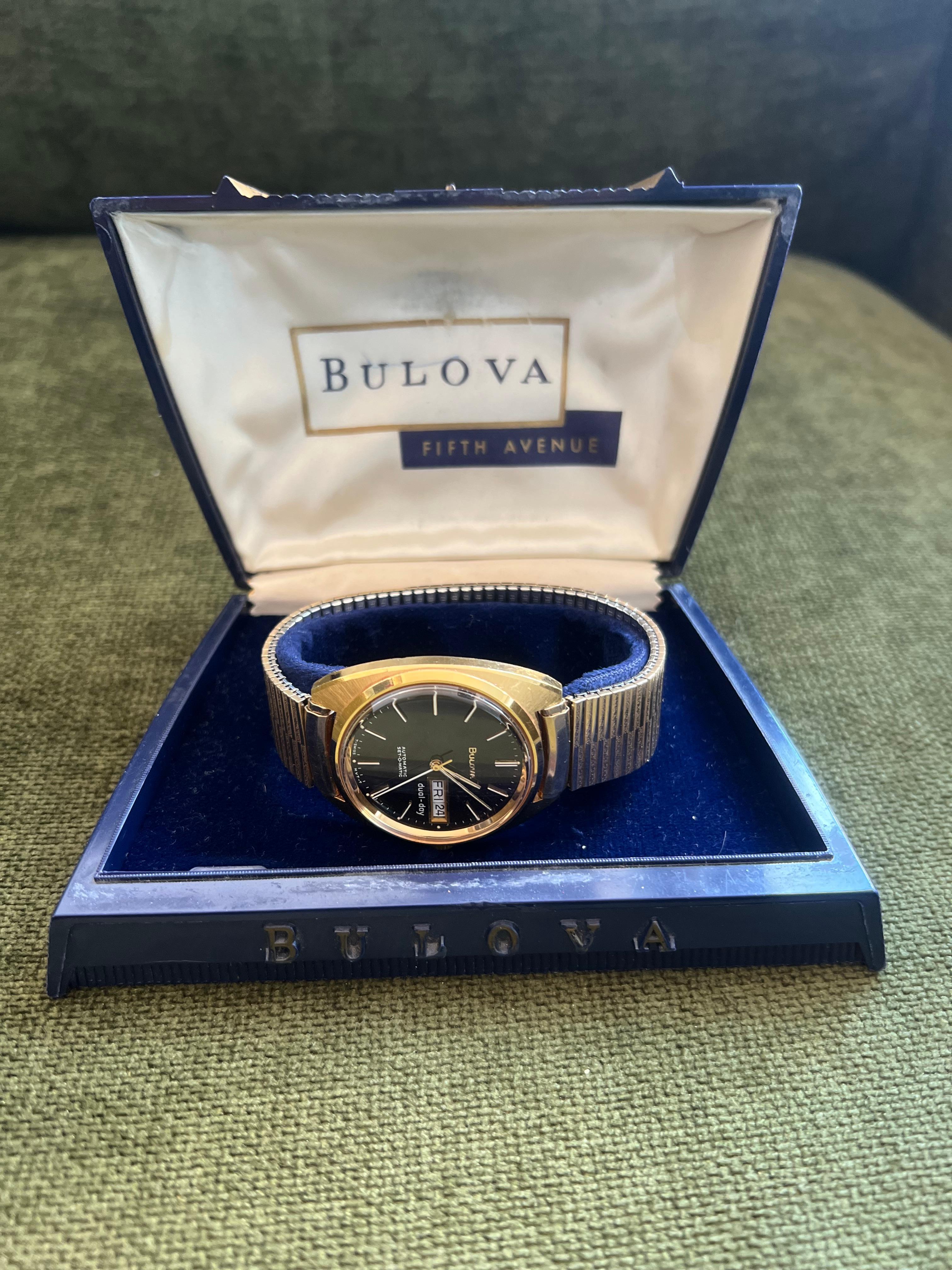 Vintage Black Face Bulova Stainless Steel Gold Tone In Original Fifth Ave Case For Sale 2